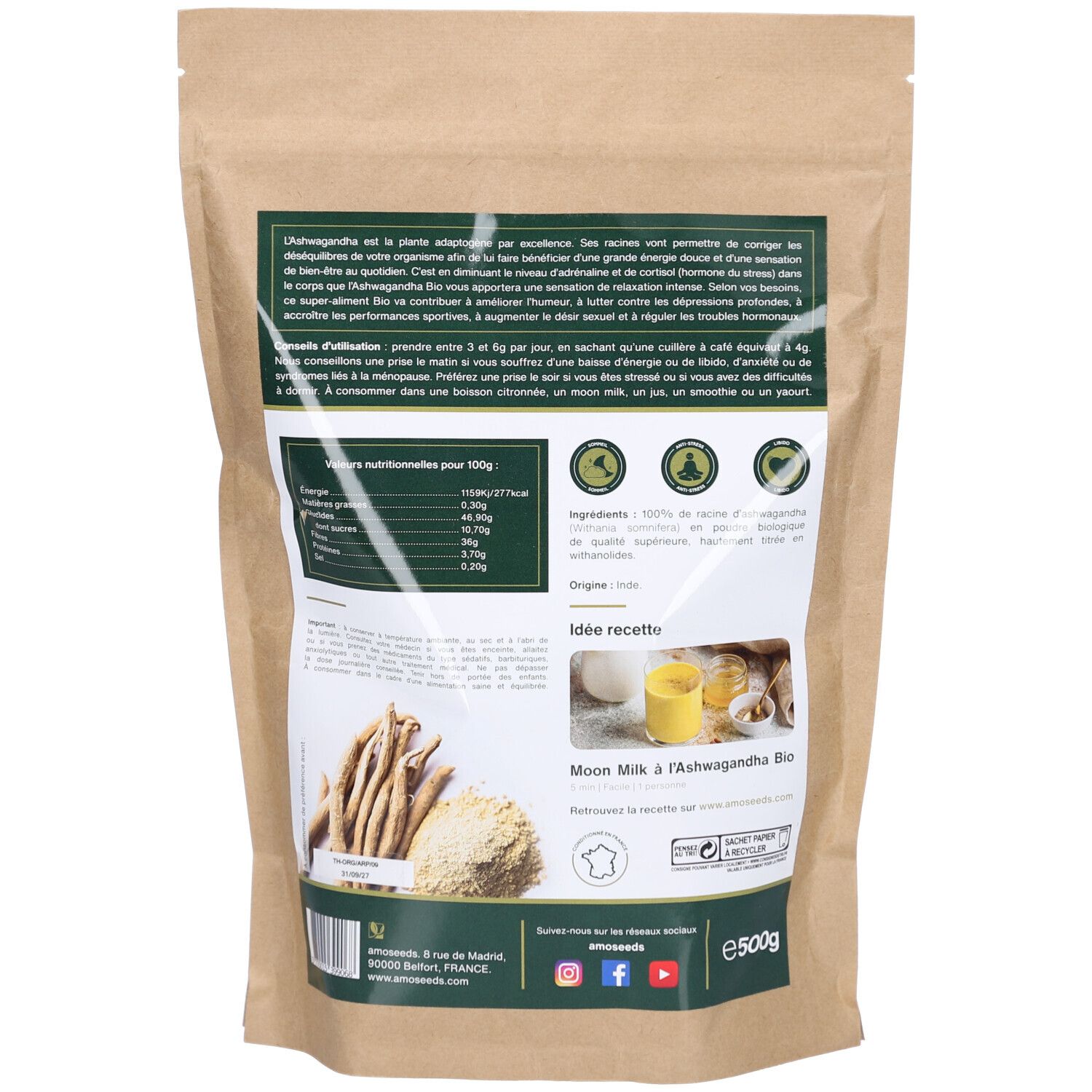 Dos du sachet de poudre AMOSEEDS Ashwagandha Bio. Informations en français. Contient des informations nutritionnelles.
