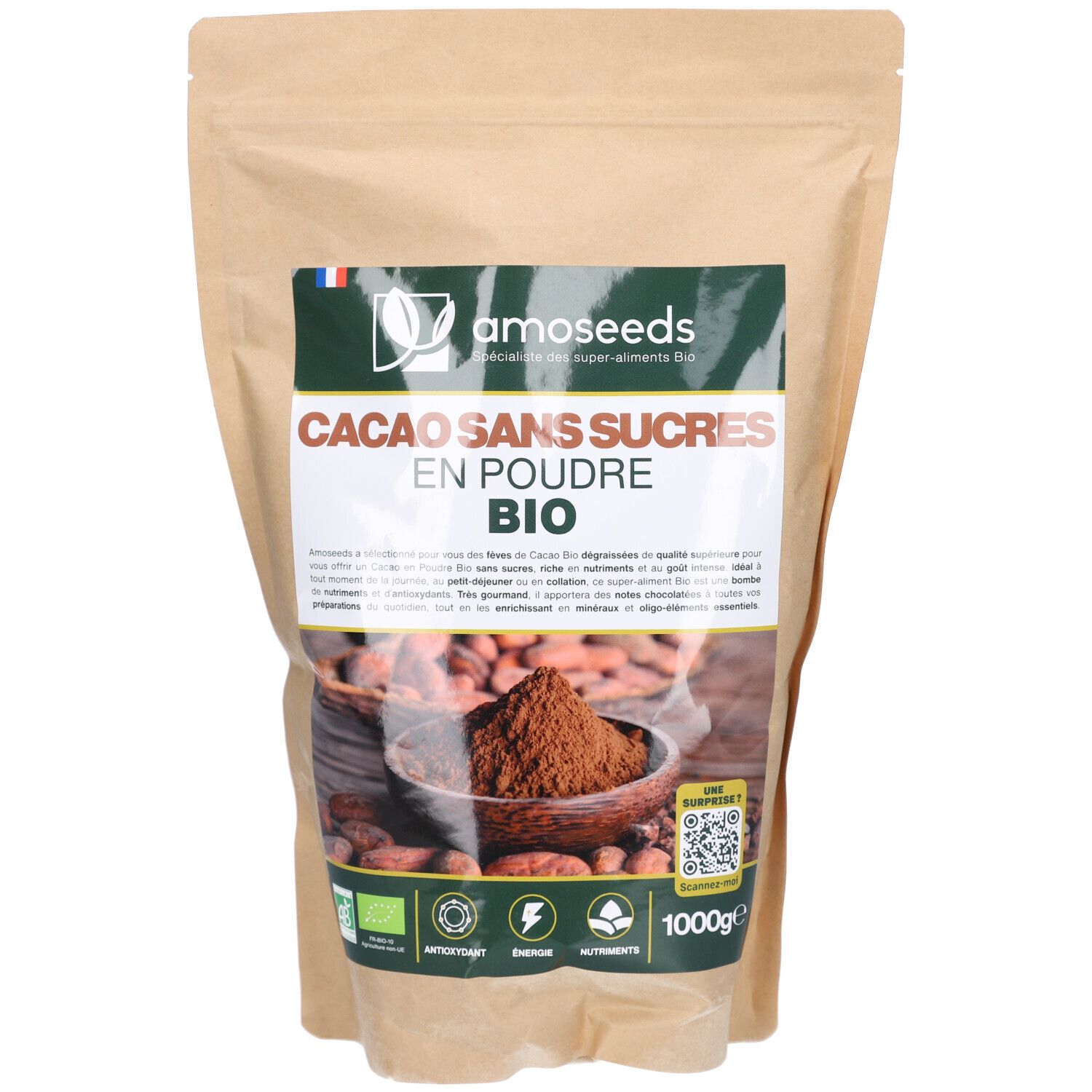 Beutel mit AMOSEEDS Cacao Sans Sucres en Poudre. Vorderseite mit Produktbezeichnung, Logo und Inhaltsangaben. Bio-Zertifizierung.