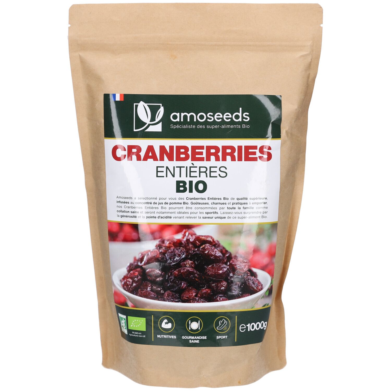 Beutel mit Cranberries Entières Bio. Aufschrift: amoseeds, Cranberries Entières Bio. Bio-Siegel. Inhalt: 1000g.