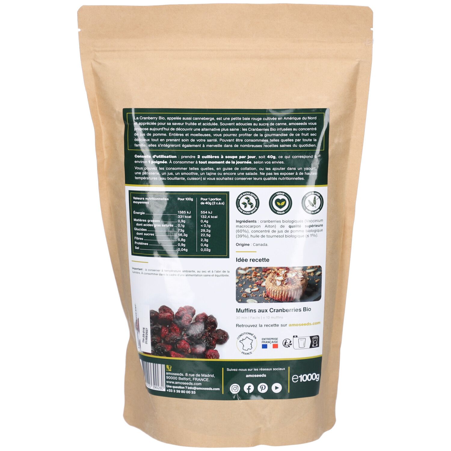 Rückseite des Beutels mit Cranberries Entières Bio. Text, Nährwertangaben, Bio-Siegel, Herkunft Kanada. Inhalt: 1000g.