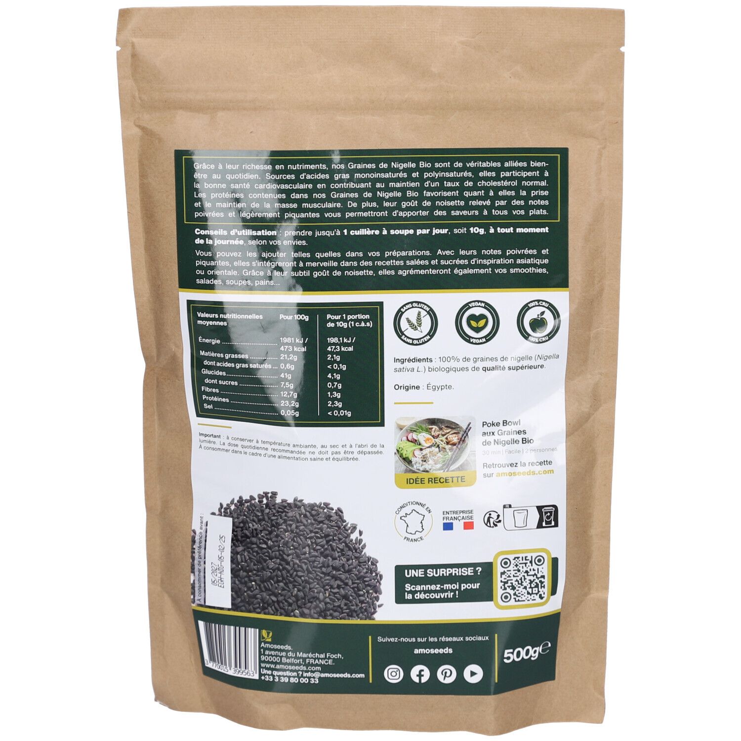 Dos du sachet en papier. Texte et informations nutritionnelles. Graines noires en bas.