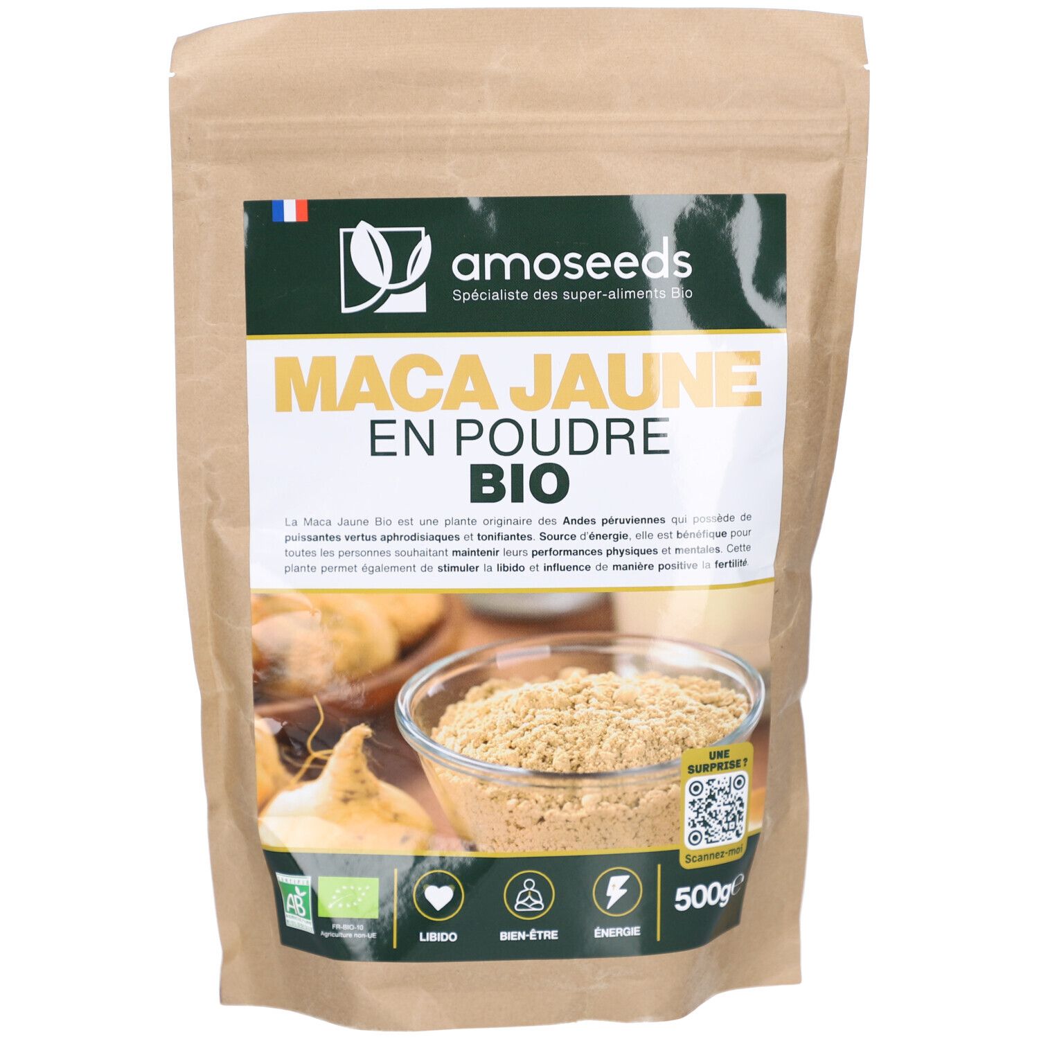 Beutel mit AMOSEEDS Maca Jaune en Poudre Bio. Braune Papiertüte mit Produktbezeichnung und Logo. Bio-Zertifizierung.