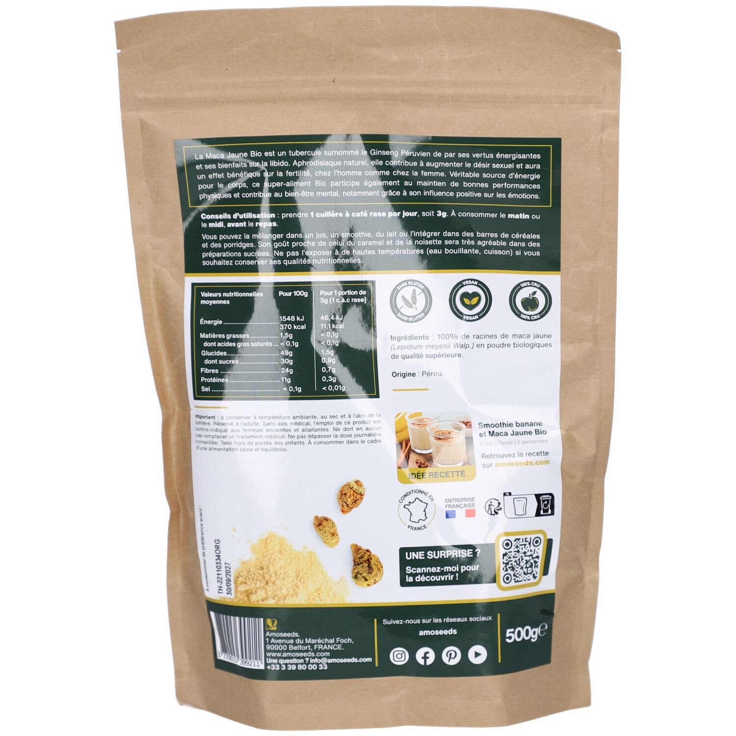 Rückseite der AMOSEEDS Maca Jaune en Poudre Bio Verpackung. Informationen zu Inhaltsstoffen, Ursprung und Bio-Zertifizierung.