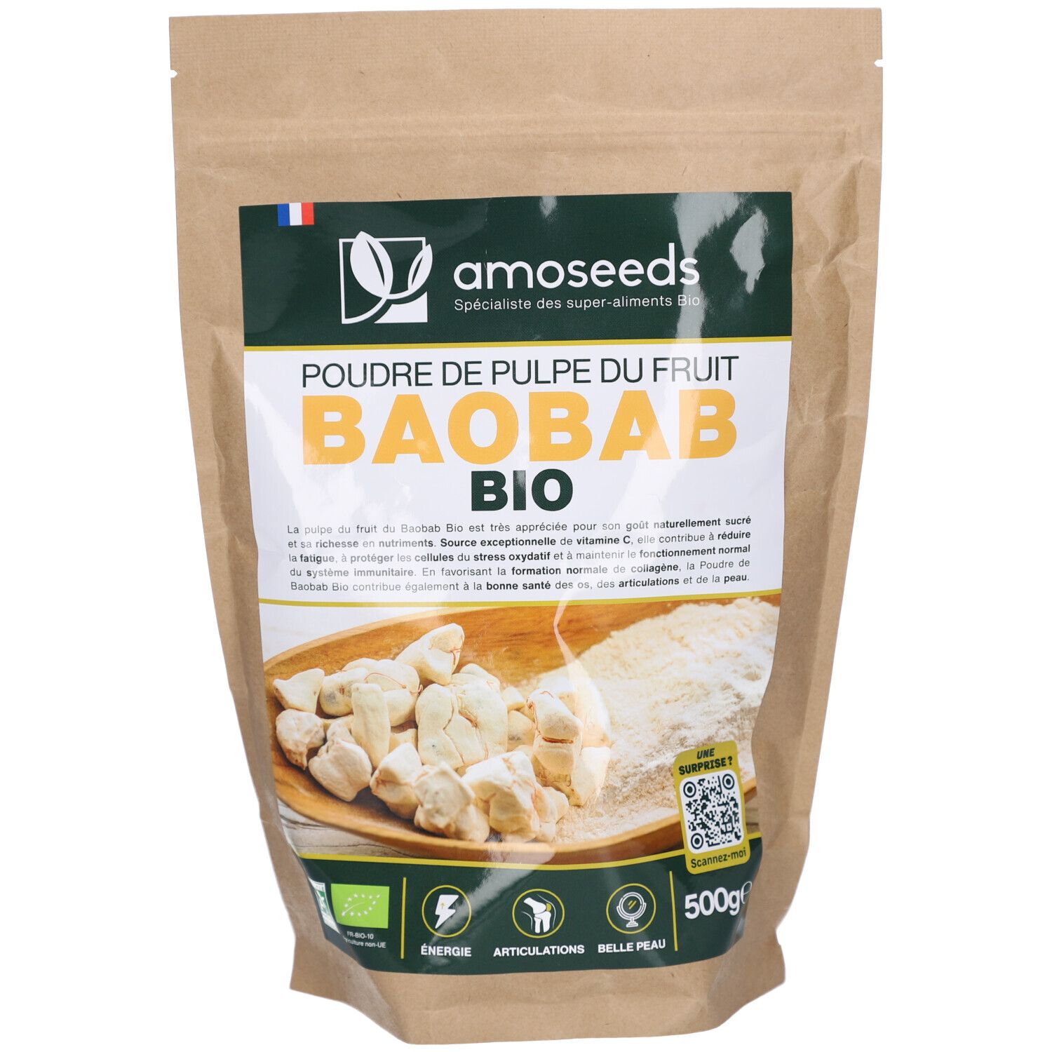 Sachet de poudre de Baobab Bio. Logo, nom du produit et certification bio. Contenance : 500g.