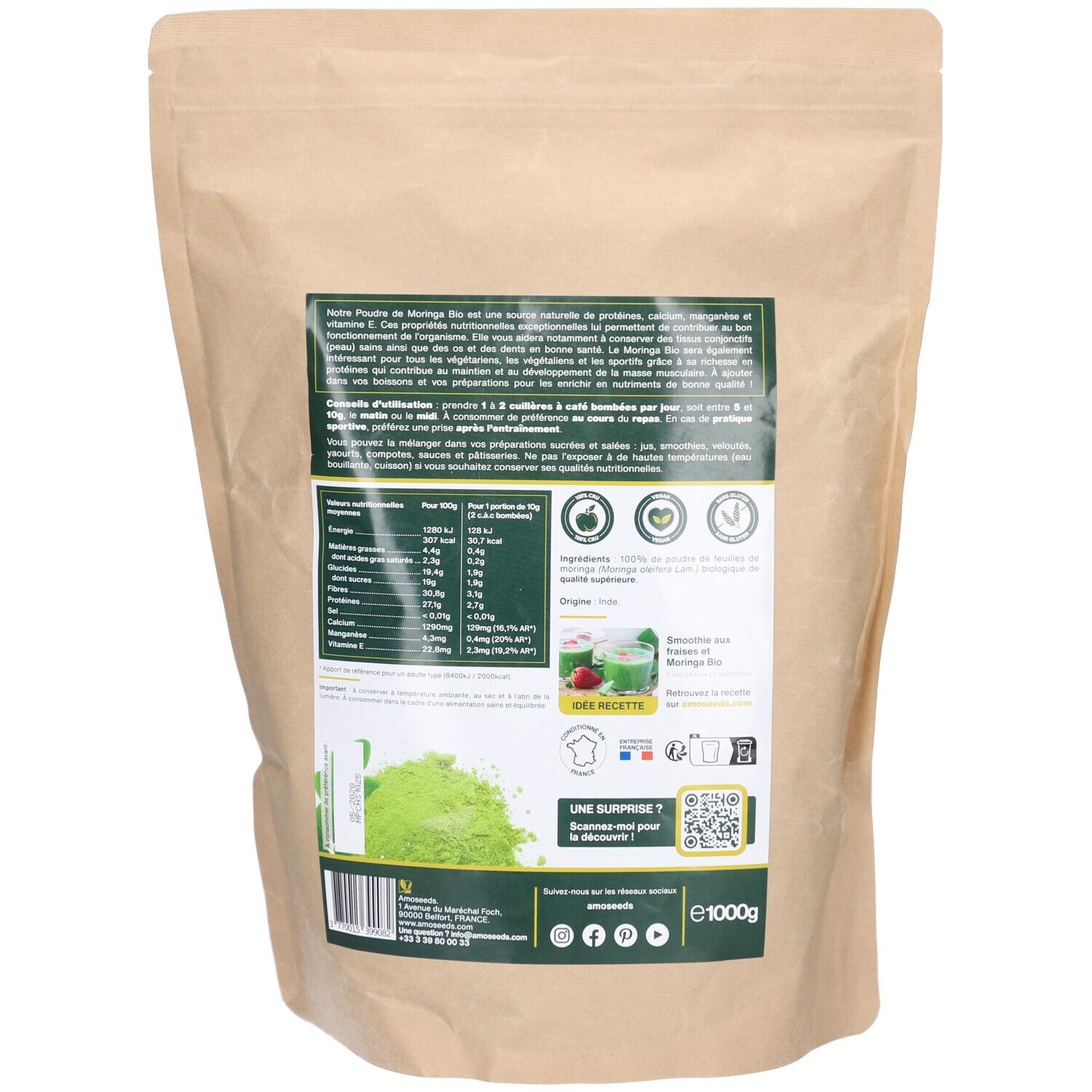 Dos du sachet Poudre de Moringa Bio. Texte et graphiques. Inscription: amoseeds, Poudre de Moringa Bio, 1000g.