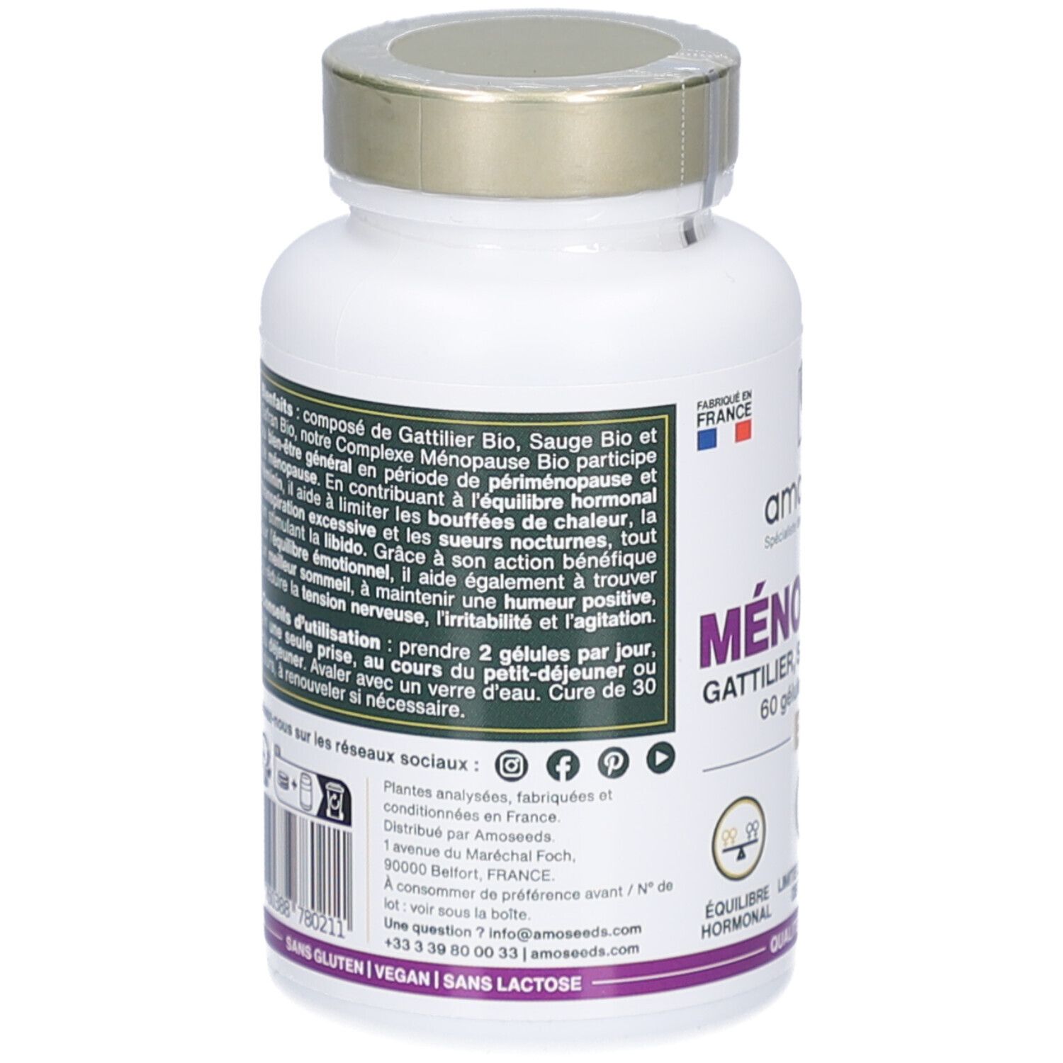 Dos du flacon. Texte: composition, conseils d'utilisation. Logo amoseeds. Drapeau français. Code QR.