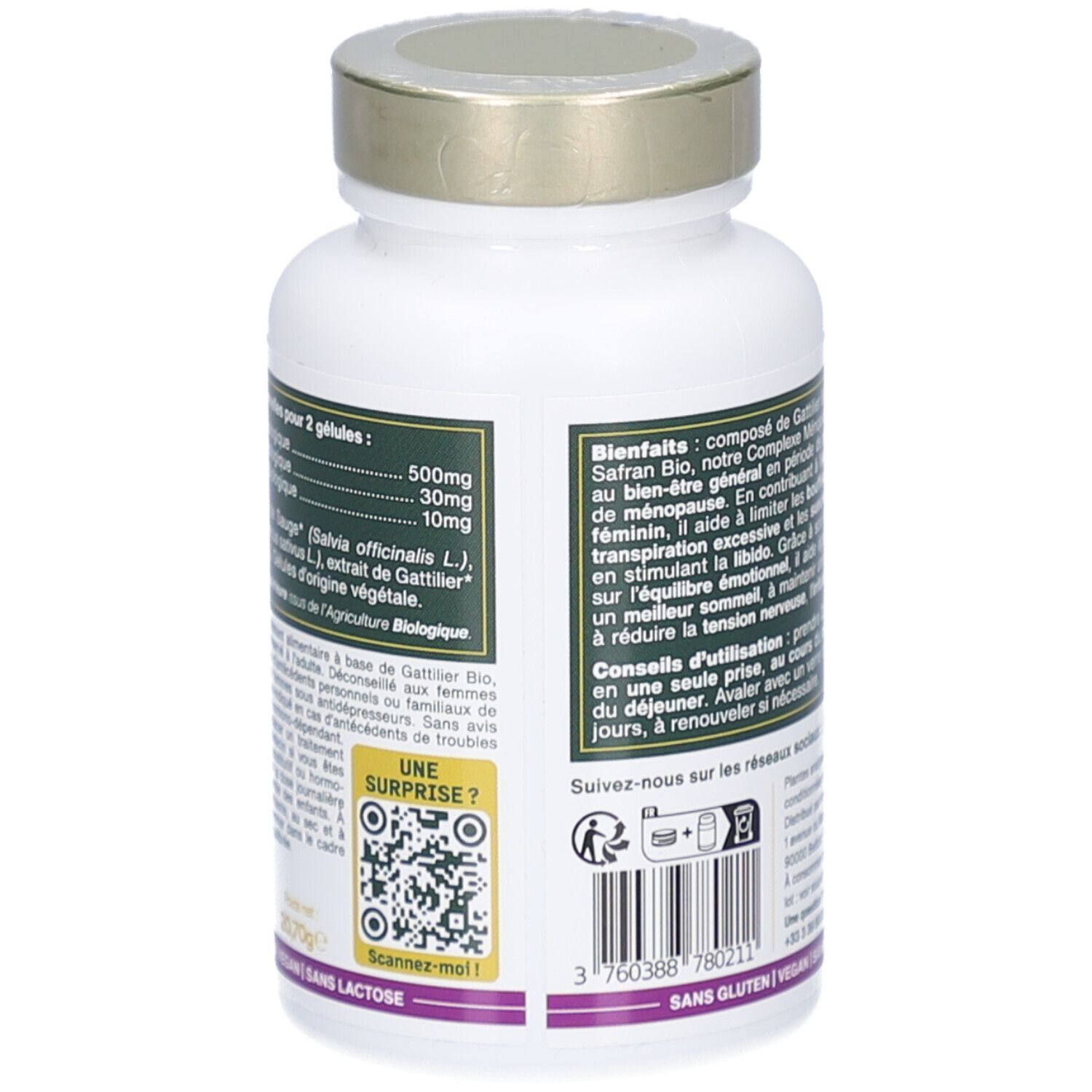 Dos du flacon. Texte: ingrédients, conseils d'utilisation. Code QR. Code-barres. Sans gluten, vegan, sans lactose.