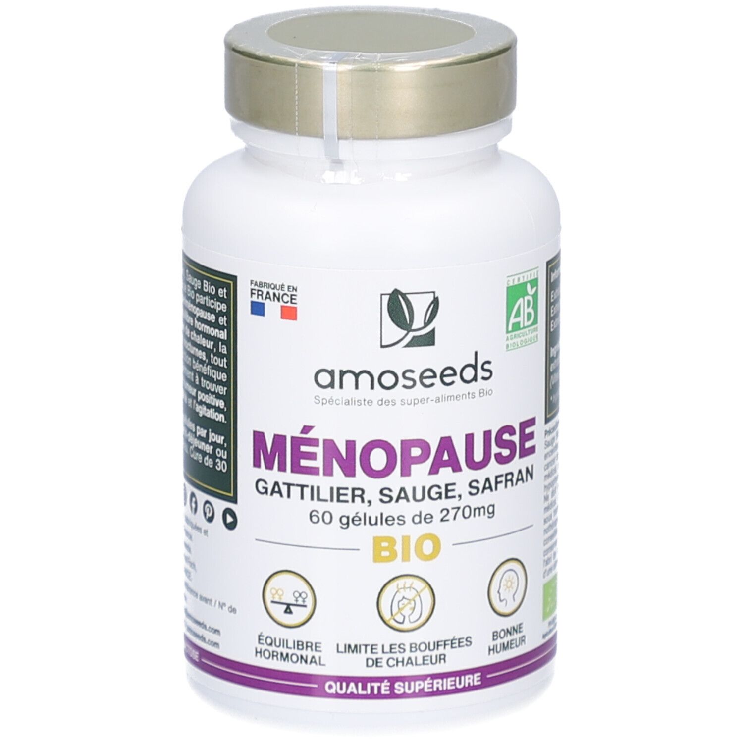 Flacon blanc de gélules. Inscription: Ménopause Bio, 60 gélules. Logo amoseeds. Label AB Bio. Drapeau français.