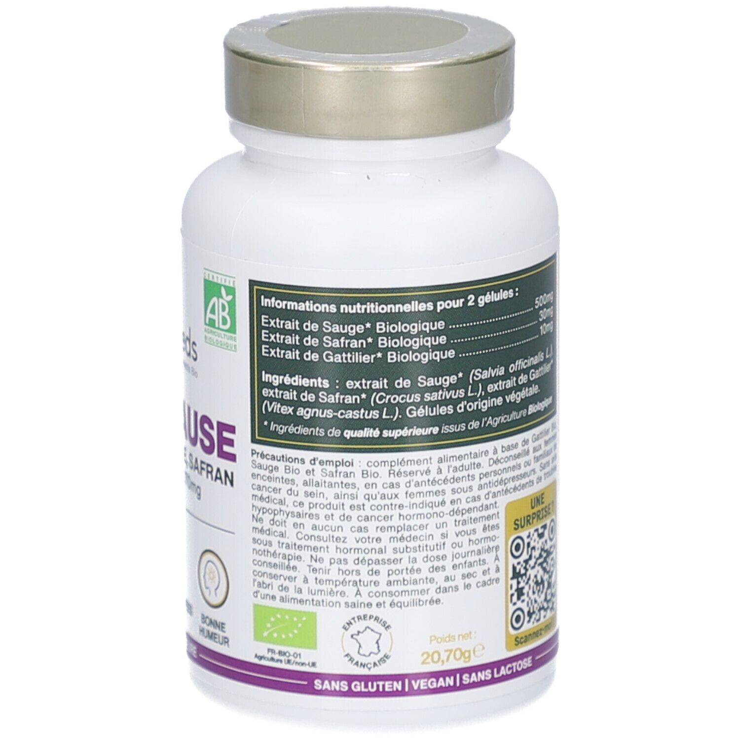 Dos du flacon. Texte: ingrédients, conseils d'utilisation. Code QR. Code-barres. Sans gluten, vegan, sans lactose.