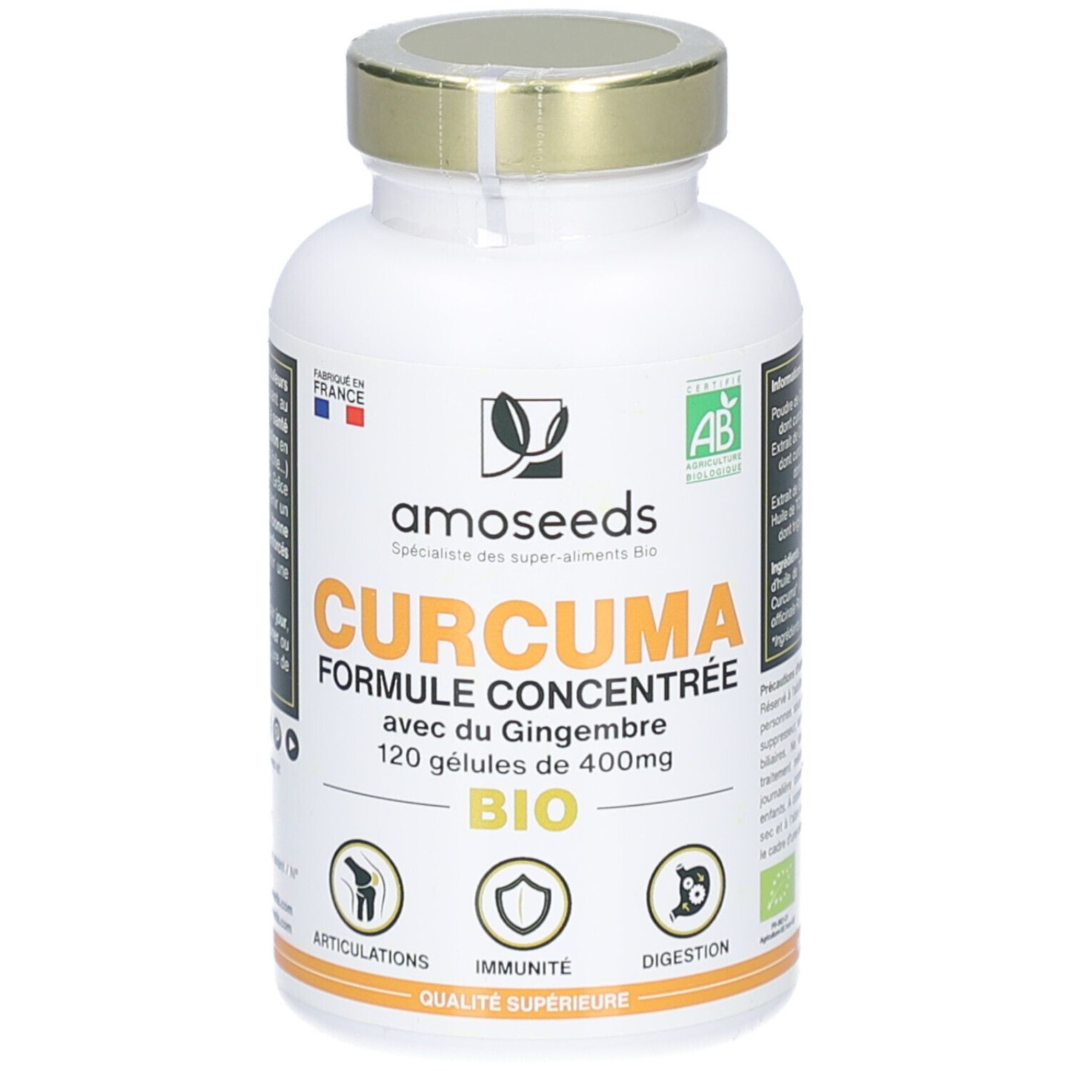 Weiße Flasche mit goldfarbenem Deckel. Aufschrift: CURCUMA FORMULE CONCENTRÉE, 120 Gélules. Bio-Zertifizierung. Logos für Gelenke, Immunität, Verdauung.