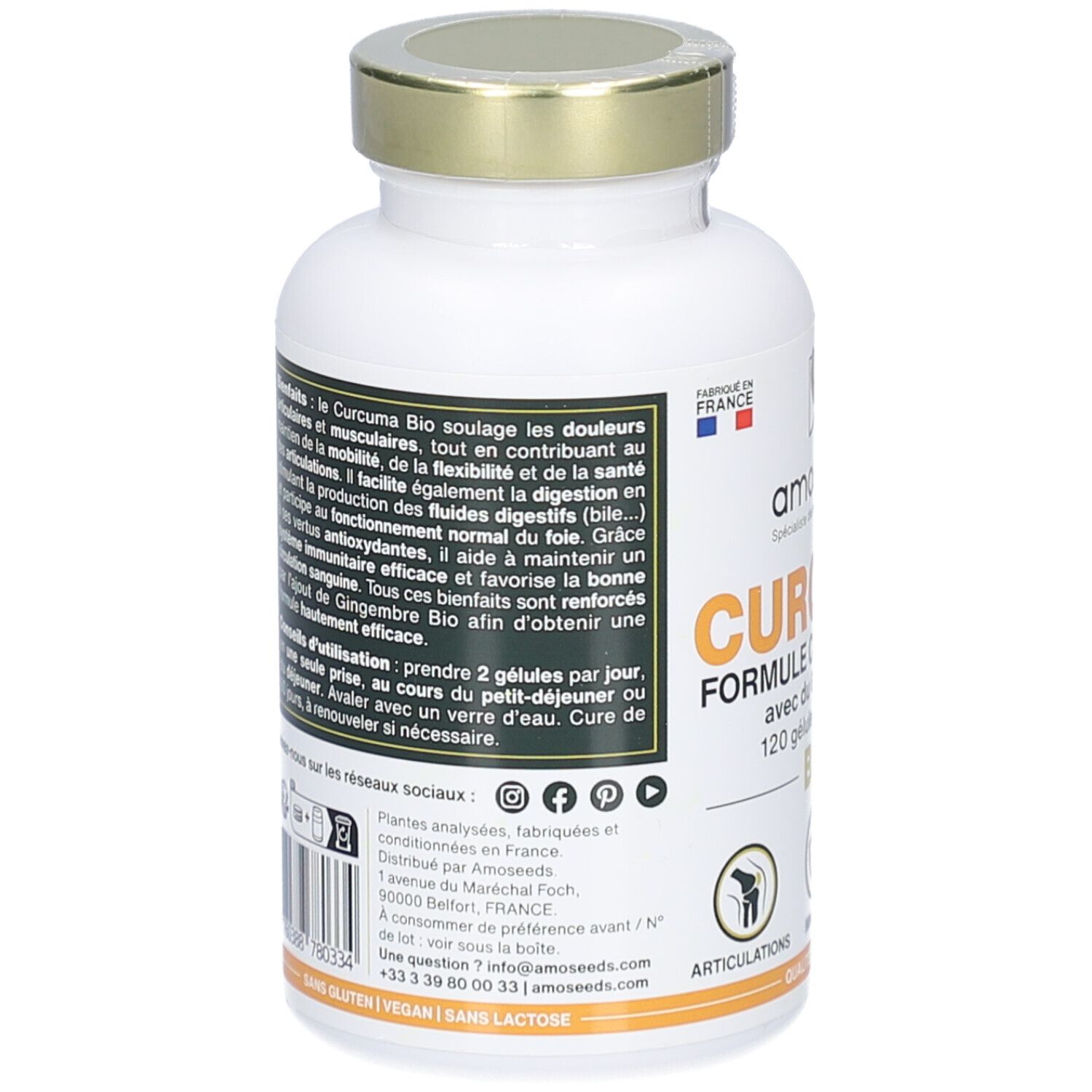 Rückseite der weißen Flasche. Text: Informationen zur Anwendung und Inhaltsstoffe. QR-Code. Hergestellt in Frankreich. Glutenfrei, vegan, laktosefrei.