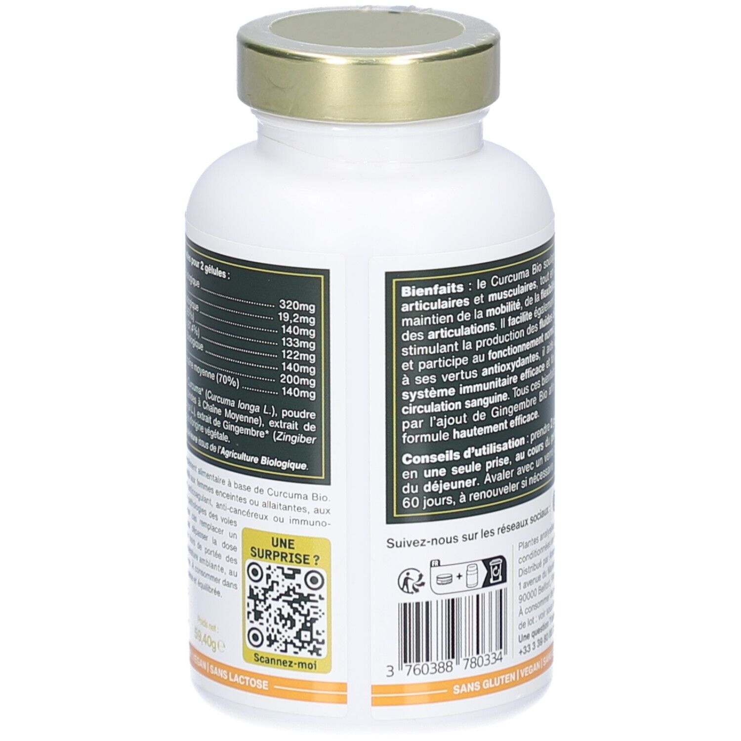 Rückseite der weißen Flasche. Auflistung der Inhaltsstoffe und Nährwertangaben. QR-Code. Glutenfrei, vegan, laktosefrei.