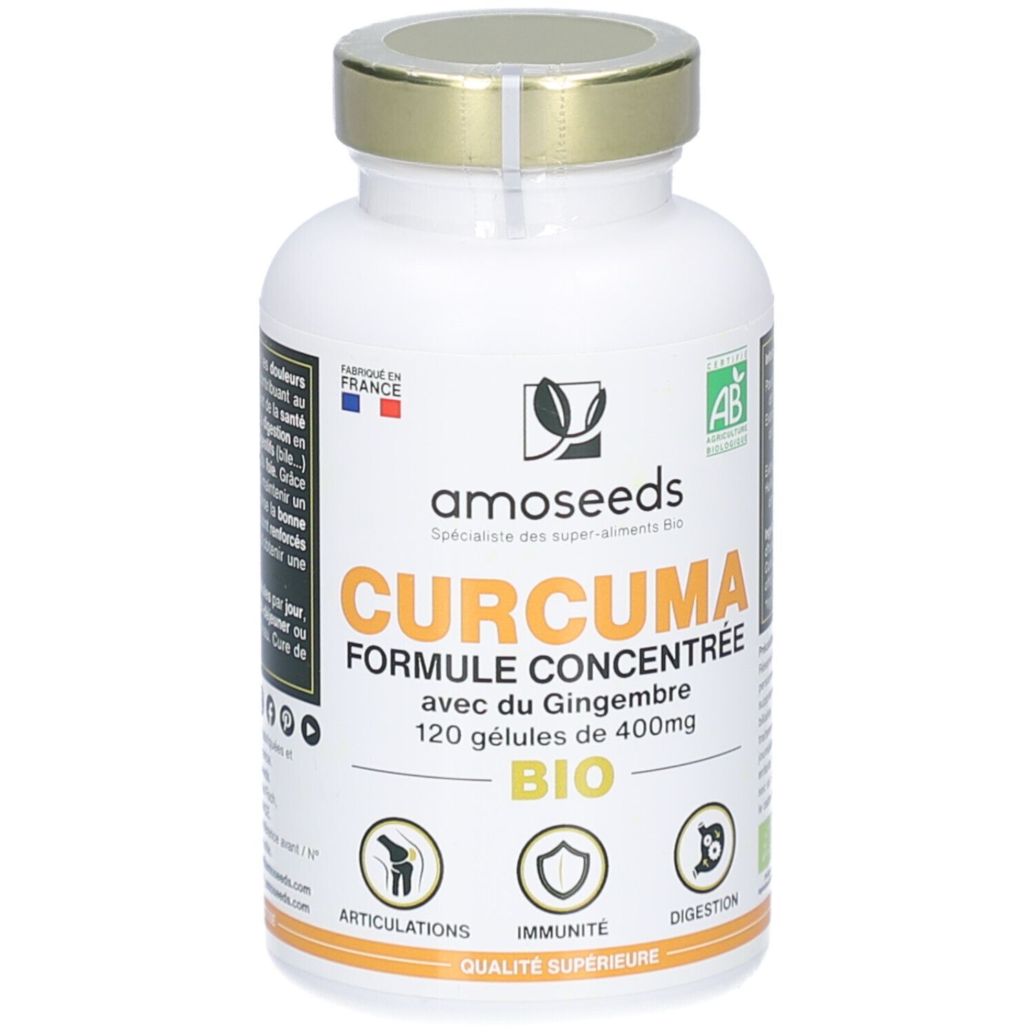 Weiße Flasche mit goldfarbenem Deckel. Aufschrift: CURCUMA FORMULE CONCENTRÉE, 120 Gélules. Bio-Zertifizierung. Logos für Gelenke, Immunität, Verdauung.