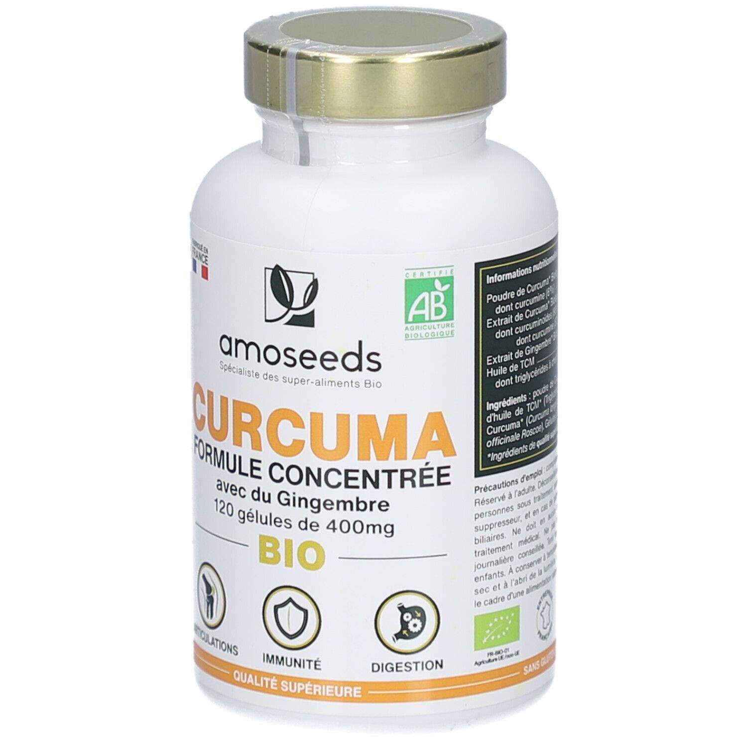 Weiße Flasche mit goldfarbenem Deckel. Aufschrift: CURCUMA FORMULE CONCENTRÉE, 120 Gélules. Bio-Zertifizierung. Logos für Gelenke, Immunität, Verdauung.