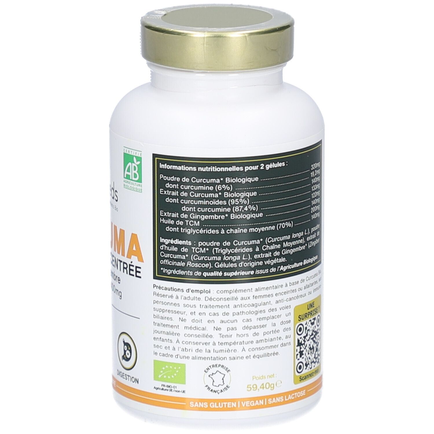 Rückseite der weißen Flasche. Auflistung der Inhaltsstoffe und Nährwertangaben. QR-Code. Glutenfrei, vegan, laktosefrei.