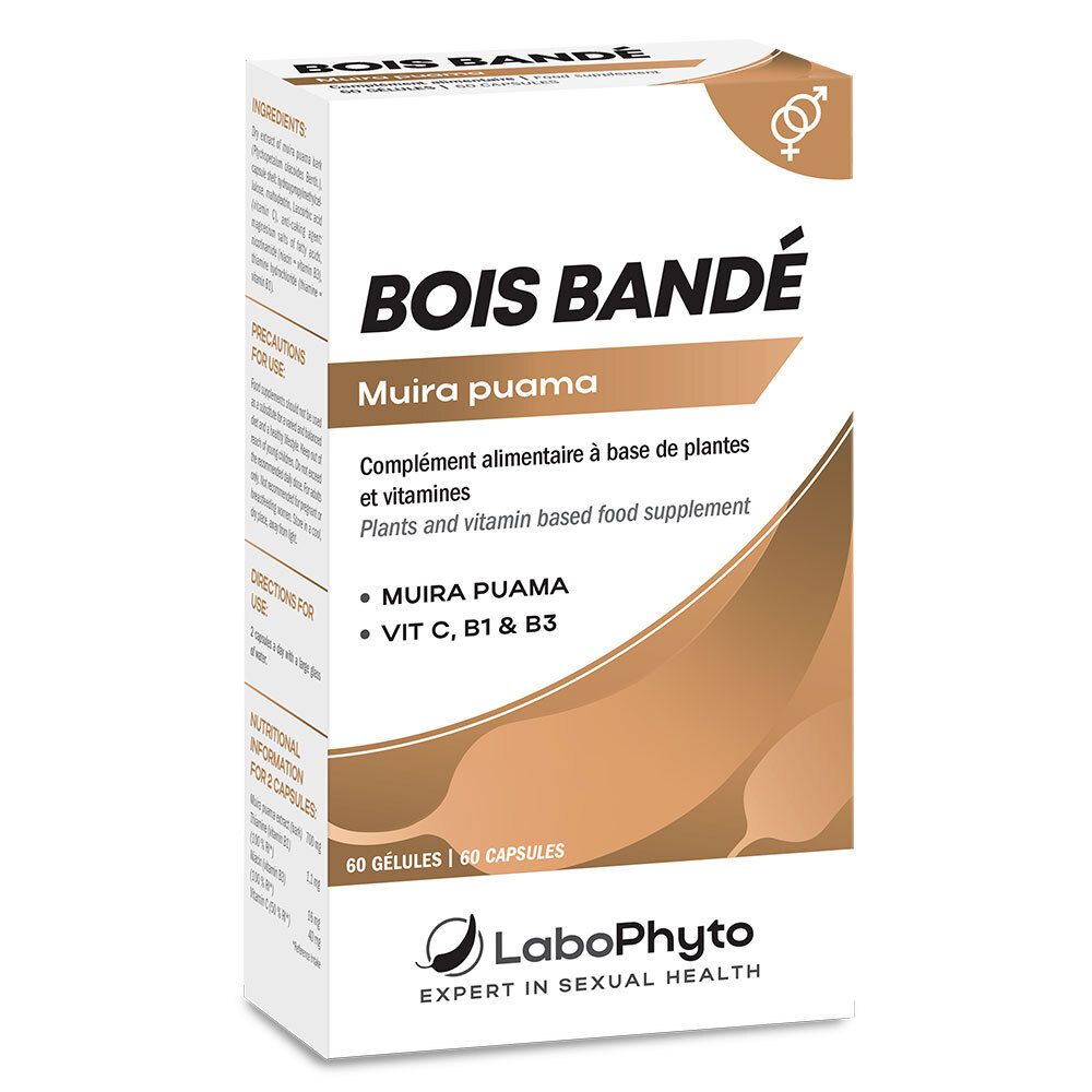 Boîte de BOIS BANDE, complément alimentaire. Contient Muira puama, vitamines B1, B3 et C. Marque LaboPhyto.