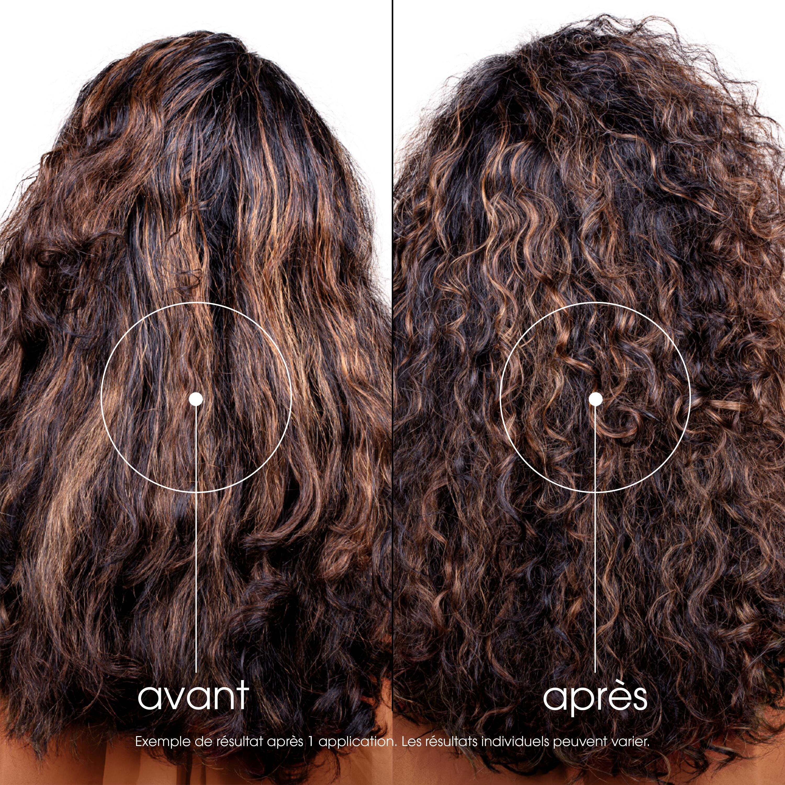 Comparaison avant-après de cheveux bouclés. Gauche : Avant. Droite : Après. Cercles marquant les mèches.