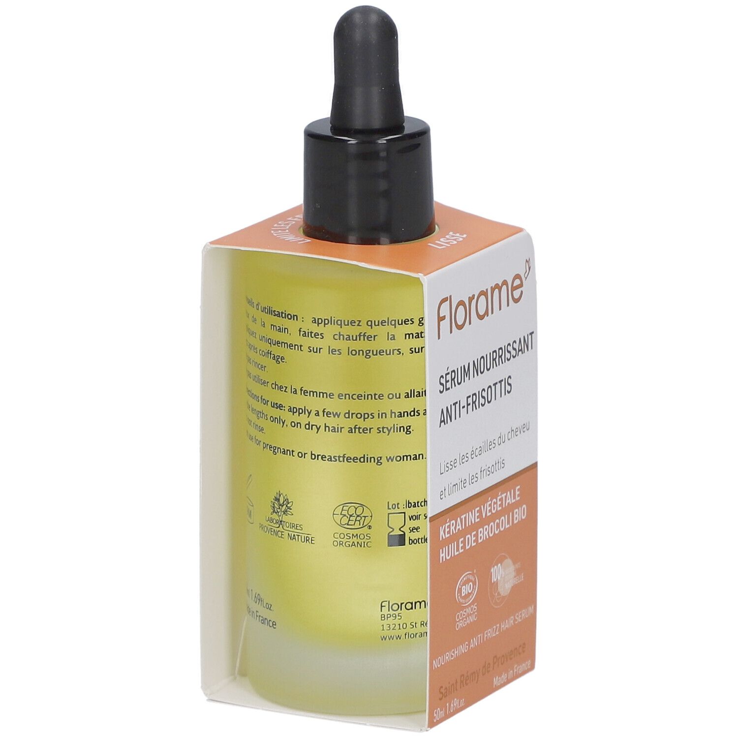 Rückansicht der Serumflasche mit schwarzer Pipette in einer orangefarbenen Schachtel. Text auf der Flasche und Schachtel.