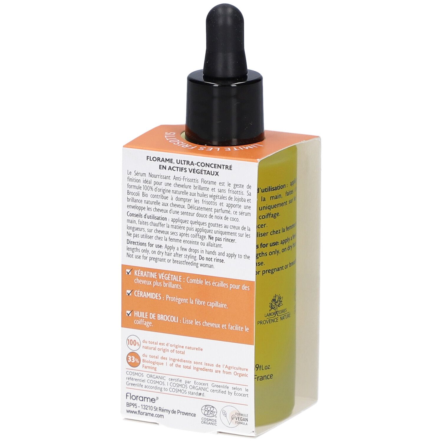 Rückansicht der Serumflasche mit schwarzer Pipette in einer orangefarbenen Schachtel. Text auf der Flasche und Schachtel.