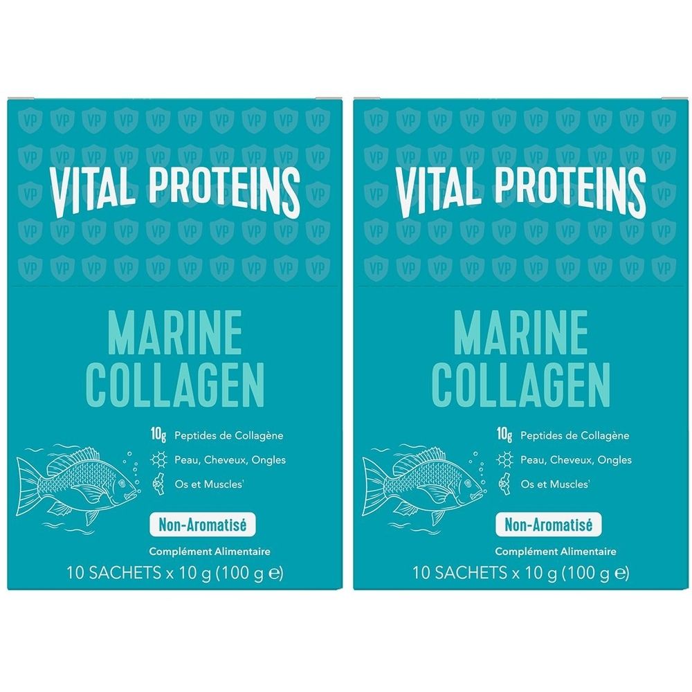 Deux boîtes de Vital Proteins Marine Collagen. Emballage bleu turquoise avec nom du produit et illustration de poisson. 10 sachets.