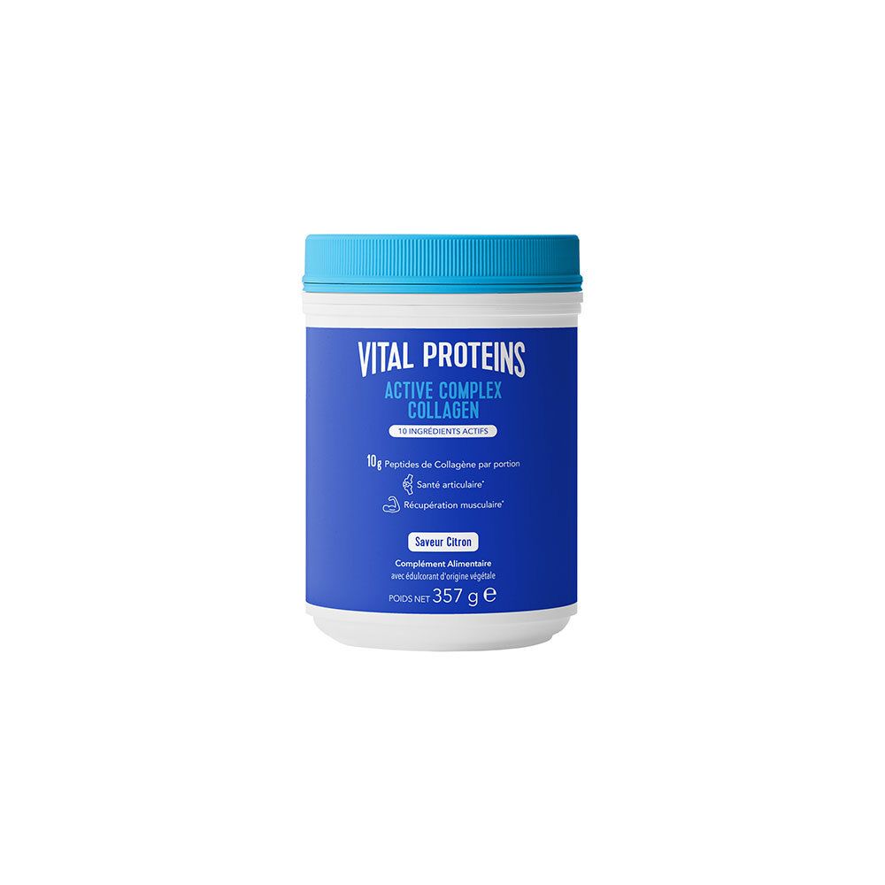 Blau-weiße Dose mit blauem Deckel. Aufschrift: VITAL PROTEINS ACTIVE COMPLEX COLLAGEN. 357 g.