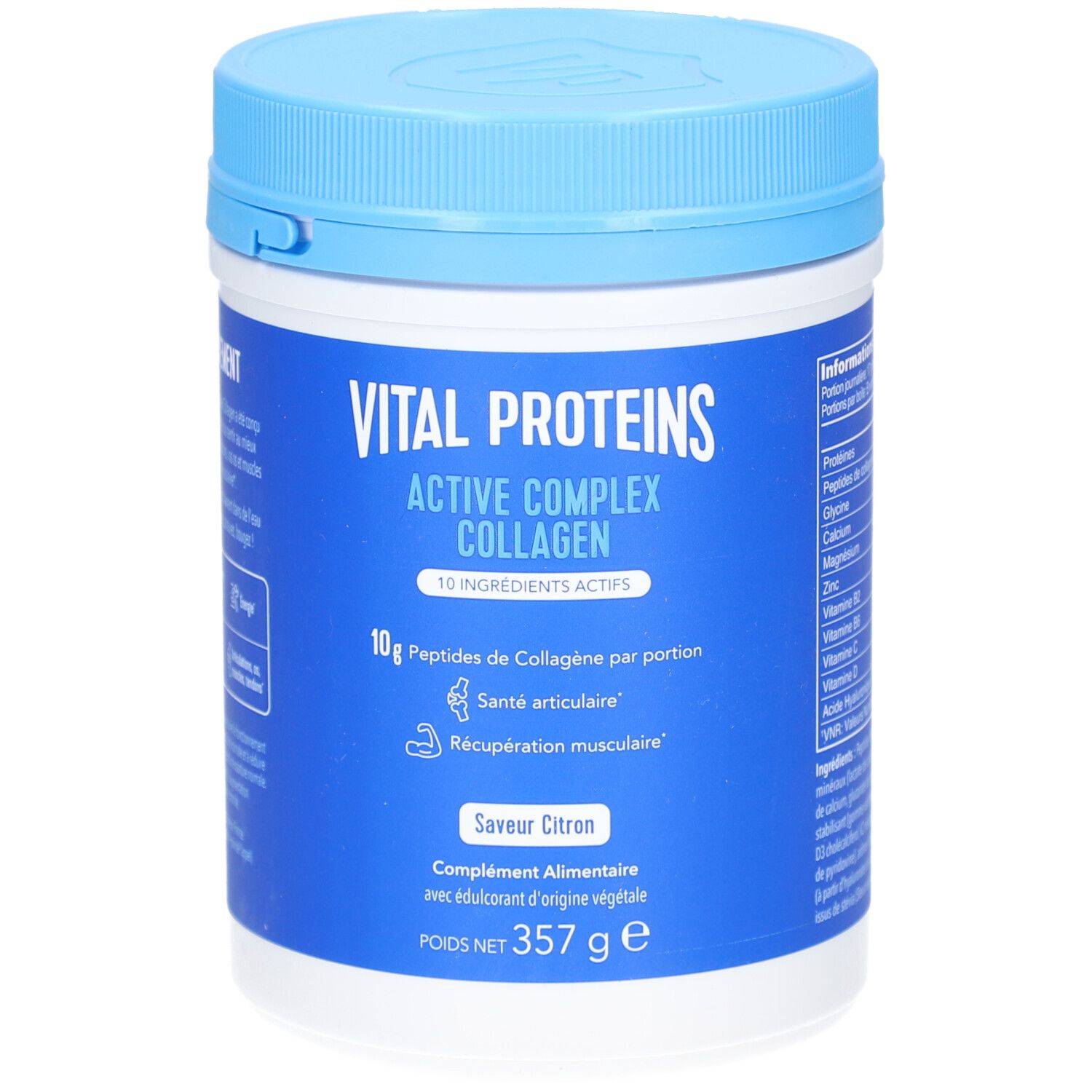Blau-weiße Dose mit Vital Proteins Active Complex Collagen. Enthält 10g Kollagenpeptide pro Portion. Mit Zitronengeschmack.