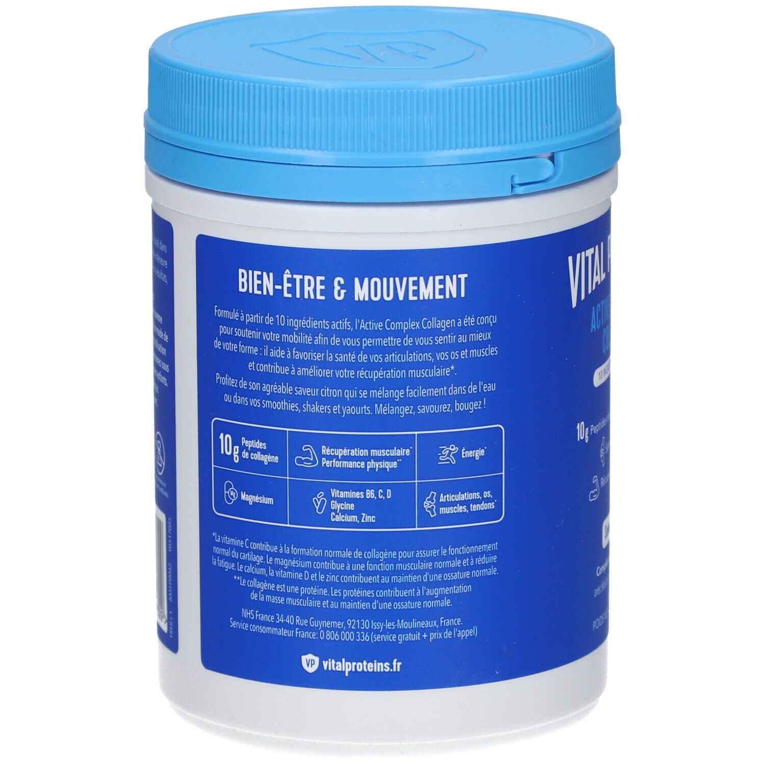 Rückseite der Dose. Text: Bien-Être & Mouvement. Enthält 10g Kollagenpeptide. Mit Magnesium, Vitaminen und Zink.