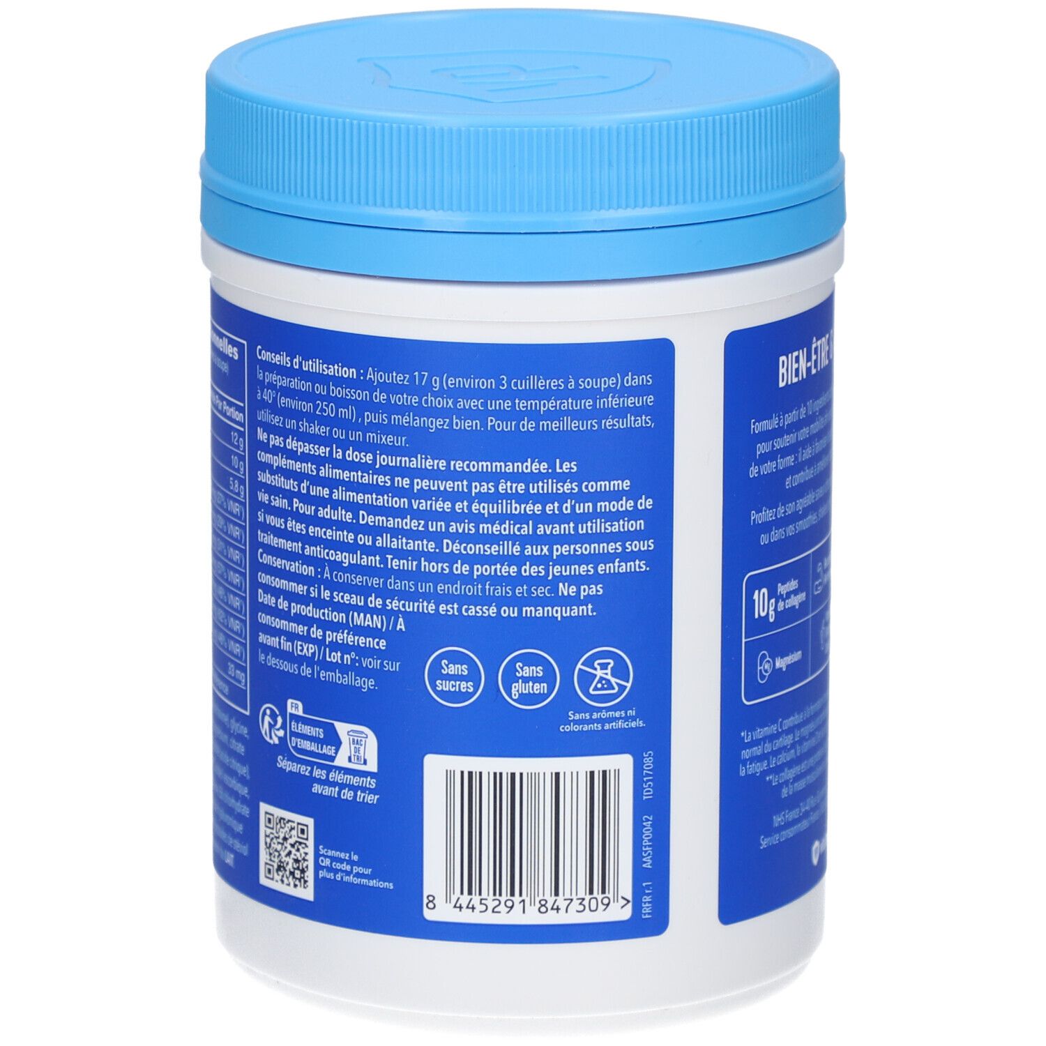 Rückseite der Dose. Gebrauchsanweisung. Enthält Hinweise zu Inhaltsstoffen und Warnhinweise. Mit Logo für 'Sans sucres' und 'Sans gluten'.