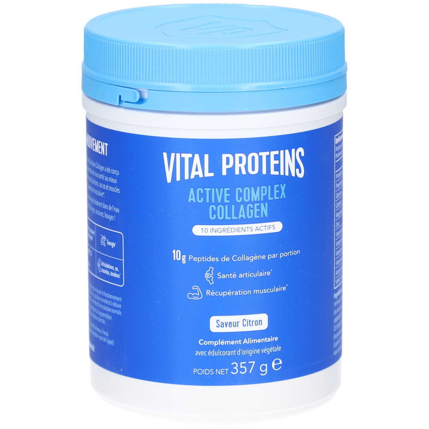 Blau-weiße Dose mit Vital Proteins Active Complex Collagen. Enthält 10g Kollagenpeptide pro Portion. Mit Zitronengeschmack.