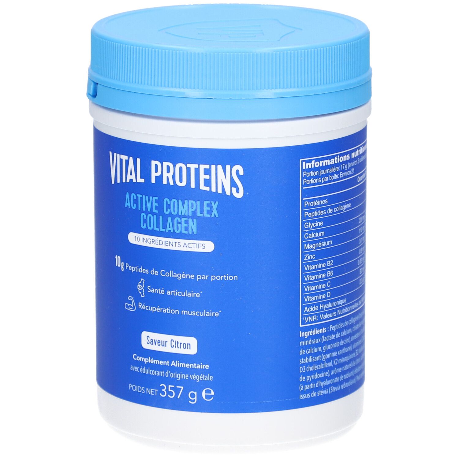 Blau-weiße Dose mit Vital Proteins Active Complex Collagen. Enthält 10g Kollagenpeptide pro Portion. Mit Zitronengeschmack. Inhaltsstoffe.