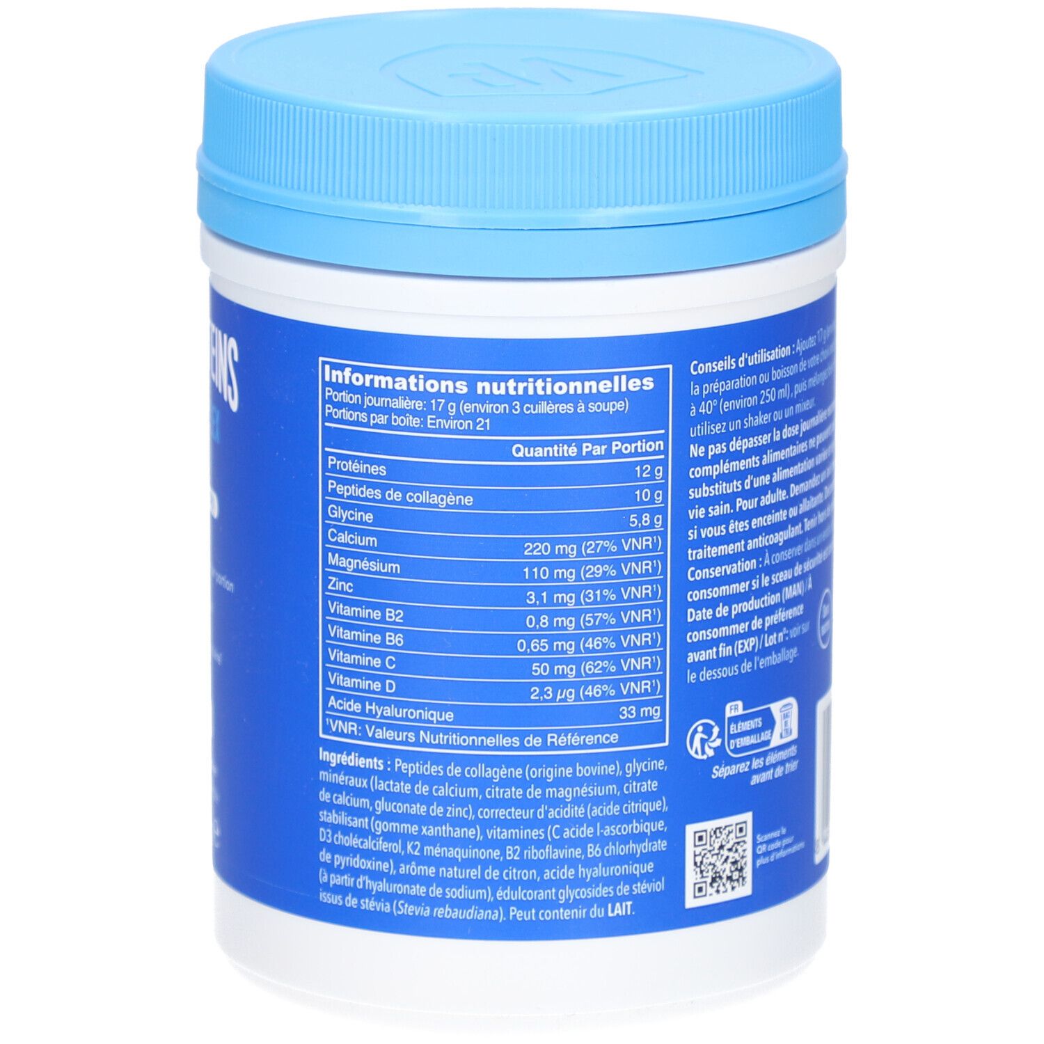 Rückseite der Dose. Nährwertangaben. Enthält Informationen zu Proteinen, Kollagen, Glycin, Calcium, Magnesium, Zink, Vitaminen.