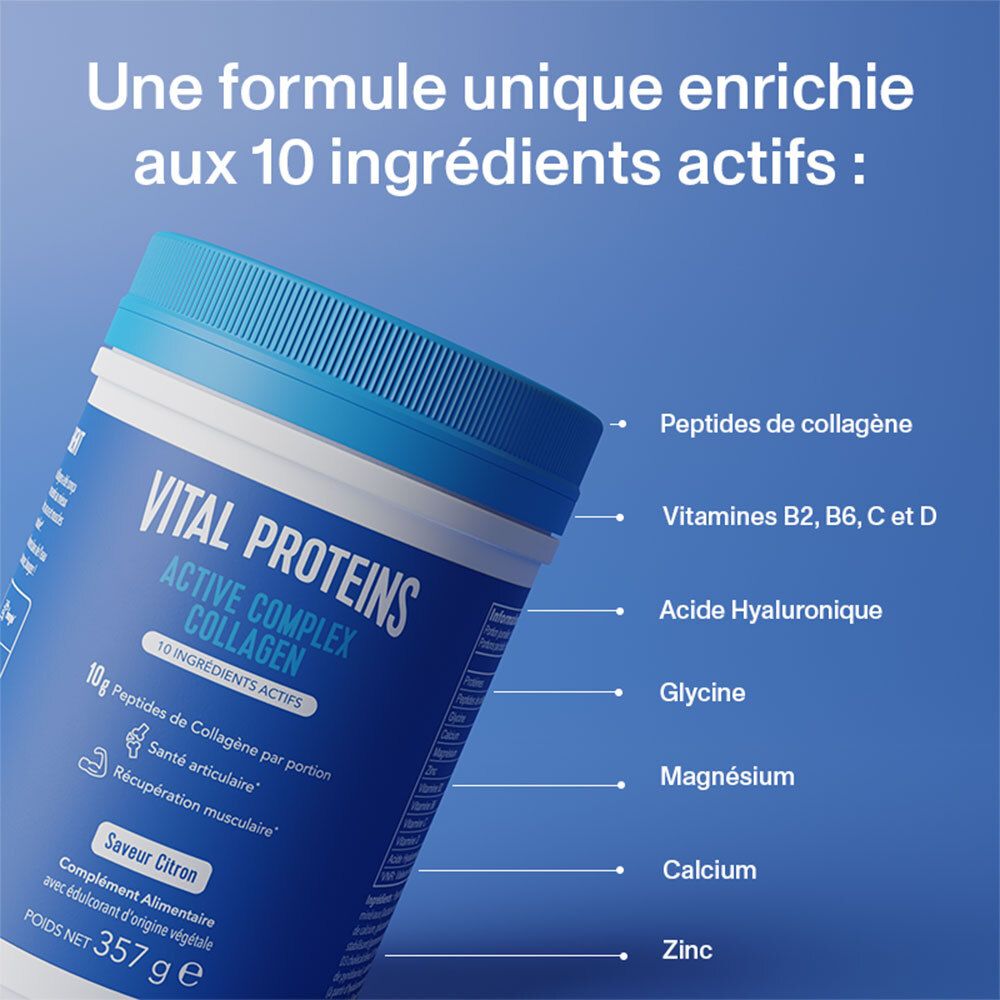 Produkt mit Inhaltsstoffen: Kollagenpeptide, Vitamine B2, B6, C, D, Hyaluronsäure, Glycin, Magnesium, Calcium, Zink.