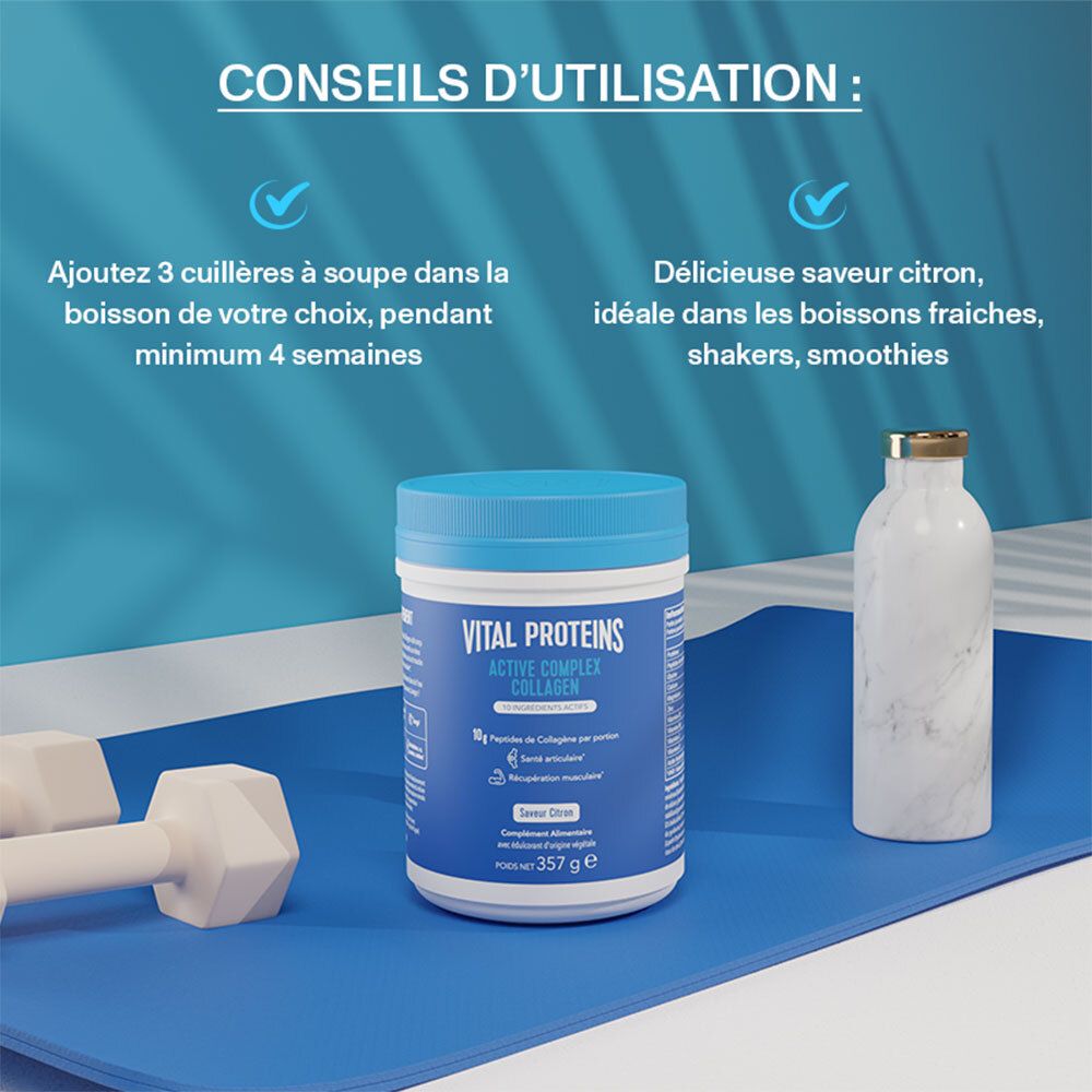 Produkt mit Dose, Wasserflasche, Hanteln auf blauer Matte. Anwendung: 3 Esslöffel in Getränk, mind. 4 Wochen.