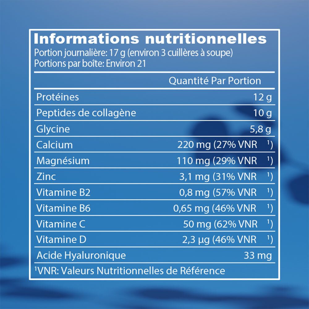 Nährwerttabelle: Proteine, Kollagenpeptide, Glycin, Calcium, Magnesium, Zink, Vitamine B2, B6, C, D, Hyaluronsäure.