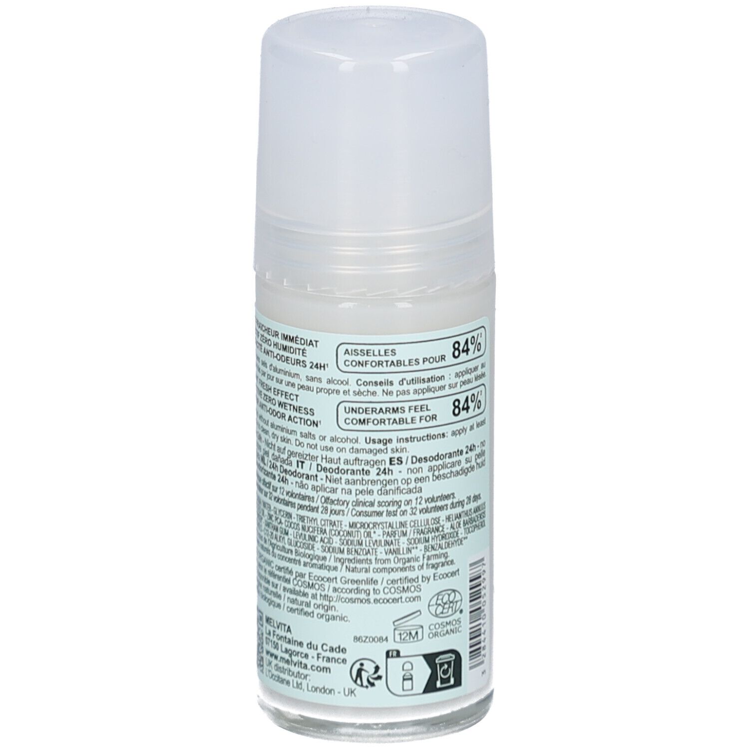 Melvita Deodorant 24H. Rückseite der Flasche. Etikett mit Produktinformationen, Inhaltsstoffen und Bio-Siegel.