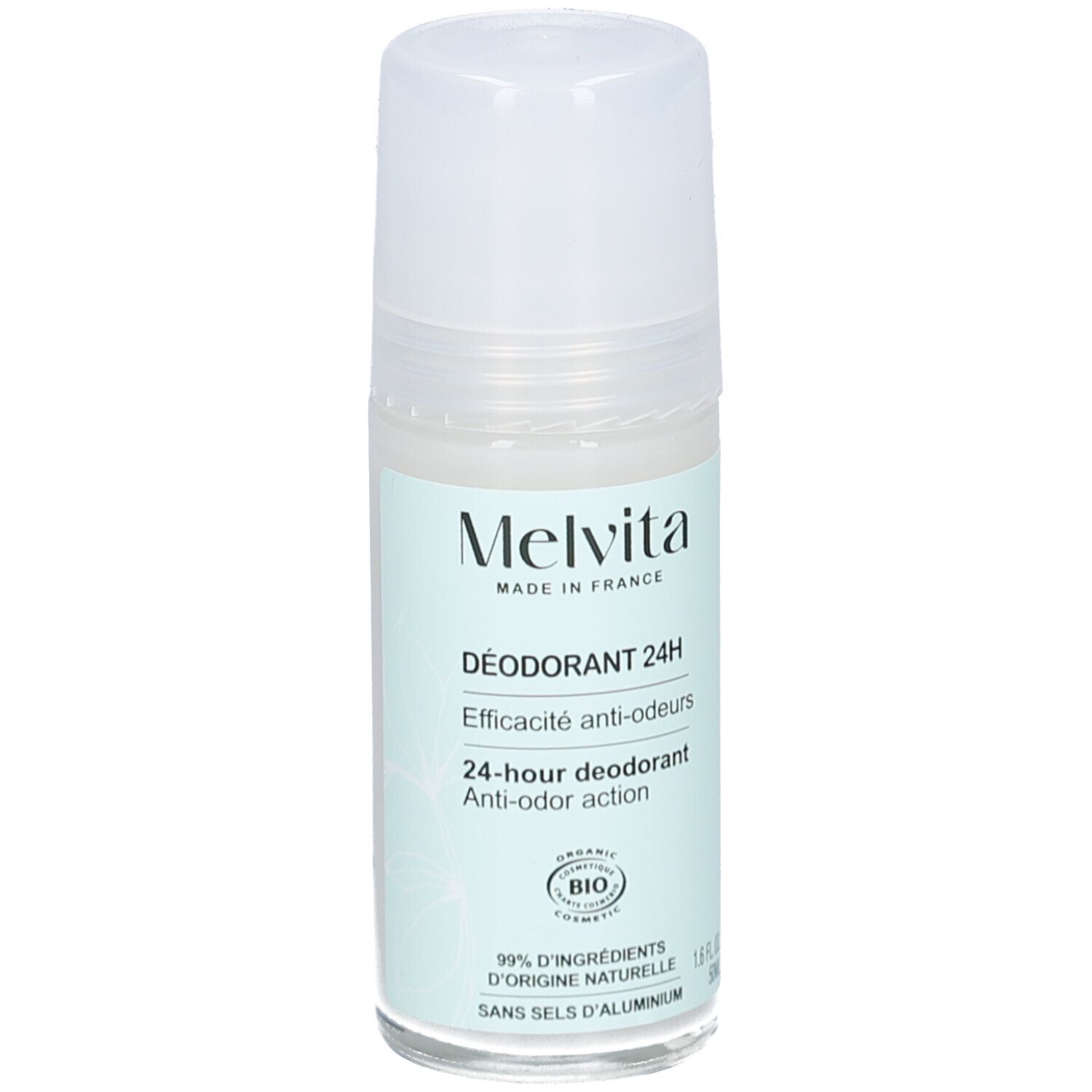 Melvita Deodorant 24H. Roll-on-Flasche mit weißem Deckel. Hellgrünes Etikett mit Produktinformationen und Bio-Siegel.