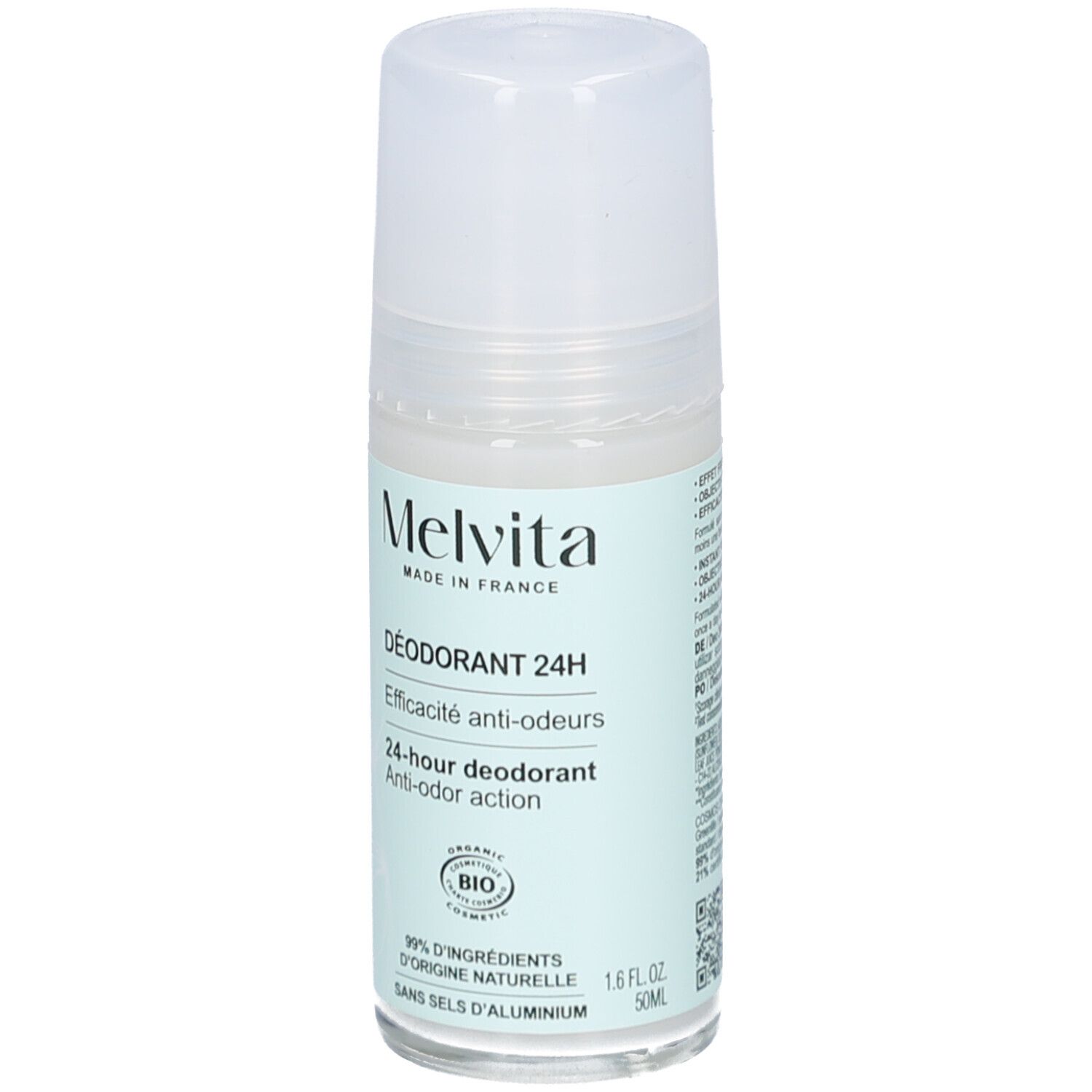 Melvita Deodorant 24H. Roll-on-Flasche mit weißem Deckel. Hellgrünes Etikett mit Produktinformationen und Bio-Siegel.