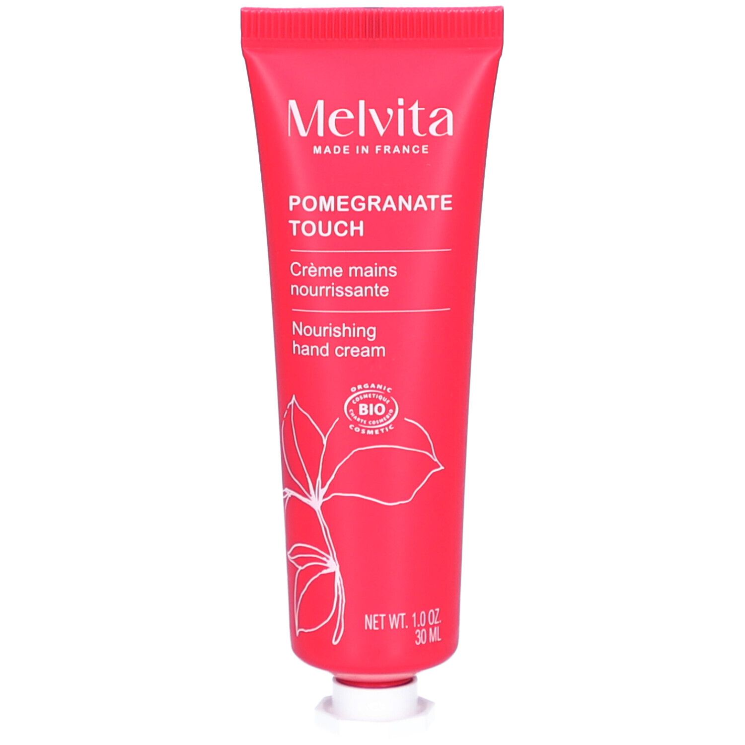 Tube de crème pour les mains rouge. Inscription: Melvita, Pomegranate Touch, Crème mains nourrissante, Nourishing hand cream. Certification bio.