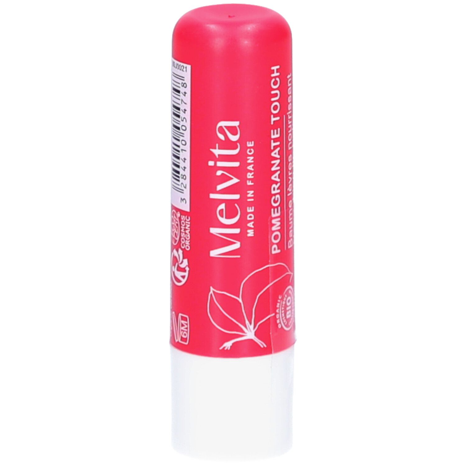 Lippenpflegestift. Rot-weiße Hülle. Aufschrift: Melvita, Pomegranate Touch, Made in France. Bio-Zertifizierung.