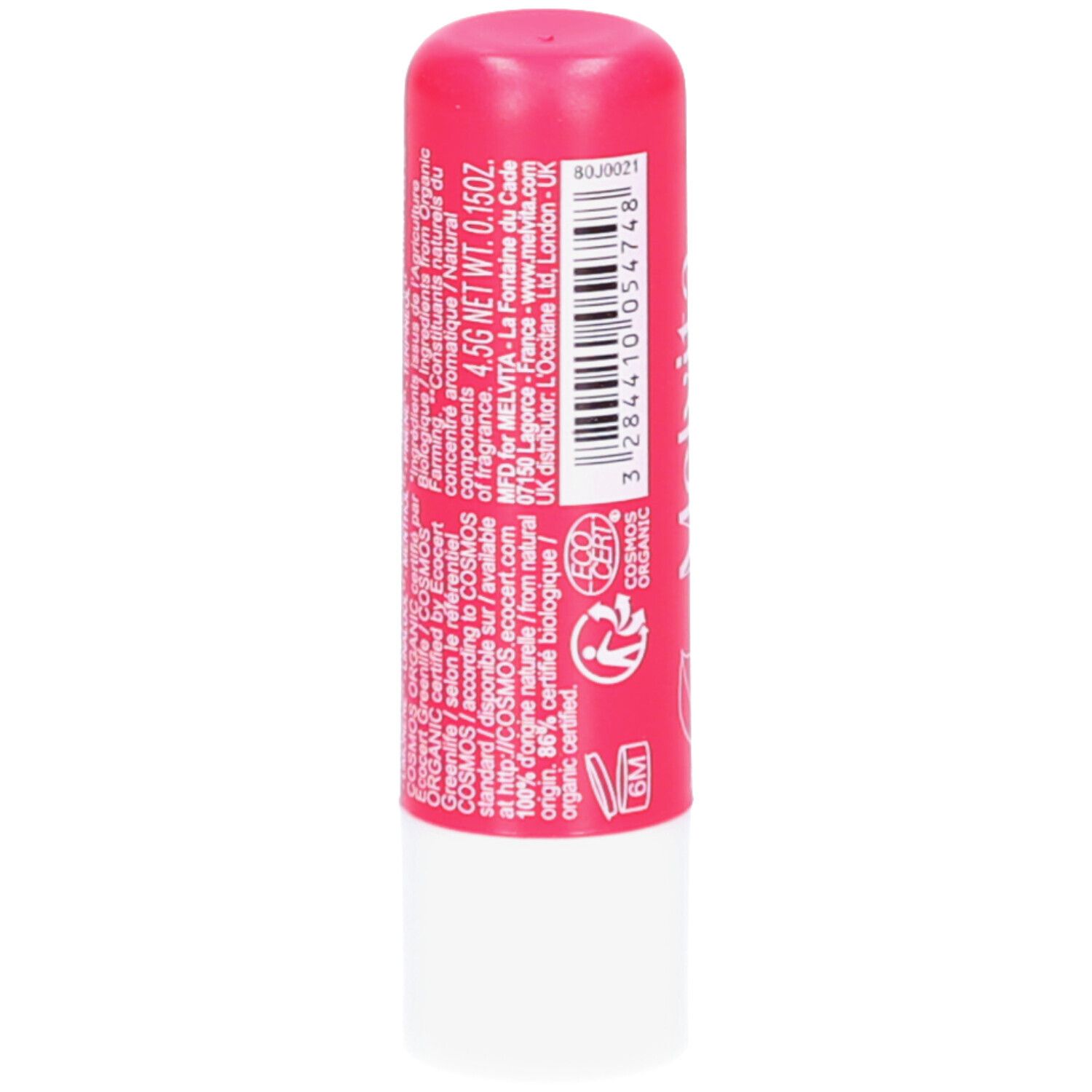 Lippenpflegestift. Rückseite mit Inhaltsstoffen und Zertifizierungen. Aufschrift: COSMOS ORGANIC, 4.5g NET WT. 0.15oz.