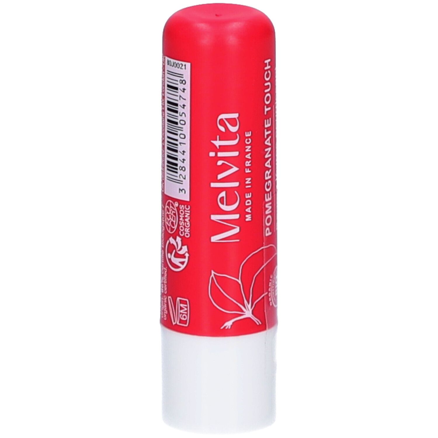 Lippenpflegestift. Rot-weiße Hülle. Aufschrift: Melvita, Pomegranate Touch, Made in France. Bio-Zertifizierung.