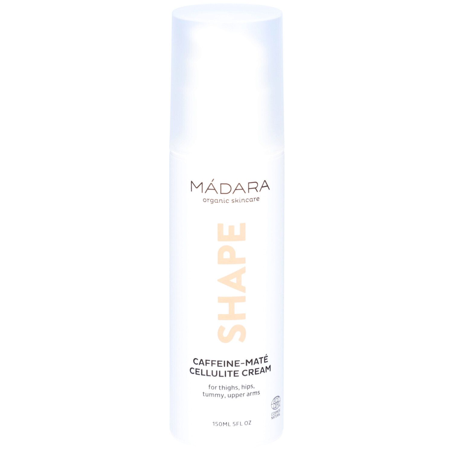 Flacon blanc avec SHAPE, Caffeine-Maté Cellulite Cream. Marque Mádara. 150ml.