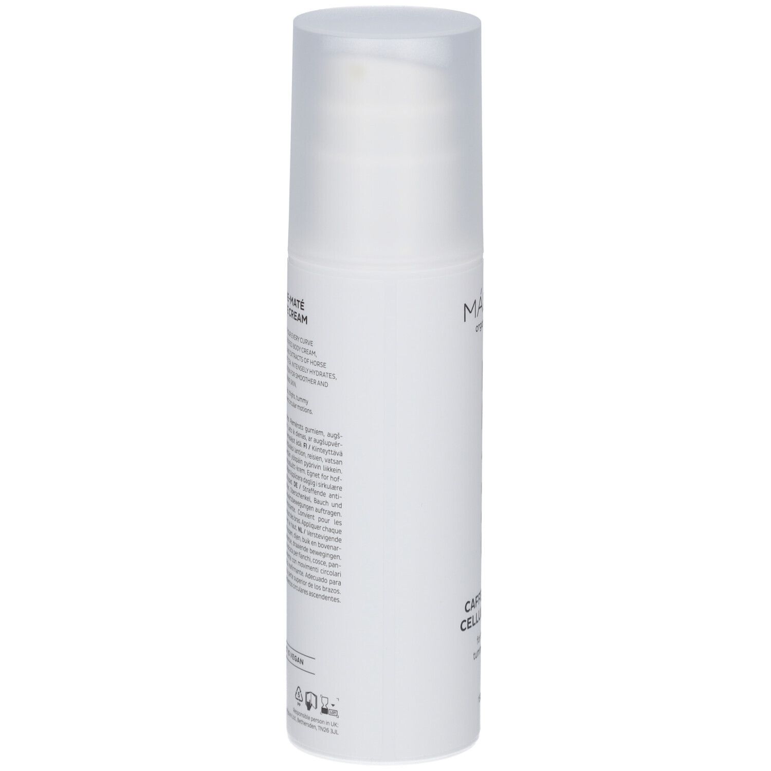 Flacon blanc avec texte. Caffeine-Maté Cellulite Cream. Marque Mádara. Texte multilingue.
