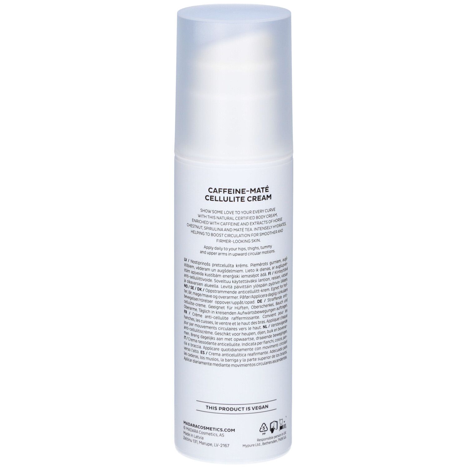 Flacon blanc avec texte. Caffeine-Maté Cellulite Cream. Marque Mádara. Texte multilingue.