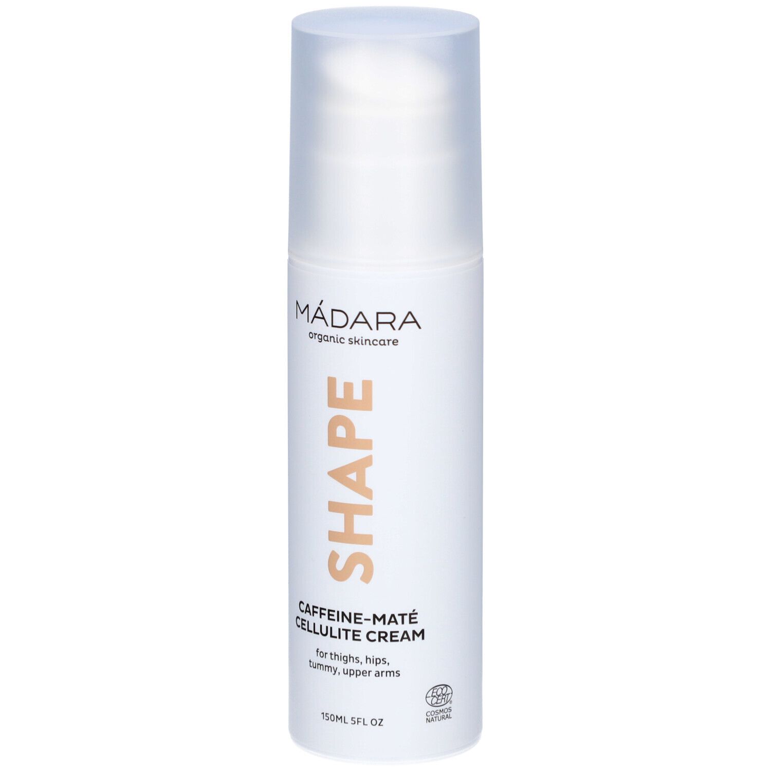 Flacon blanc avec SHAPE, Caffeine-Maté Cellulite Cream. Marque Mádara. 150ml.