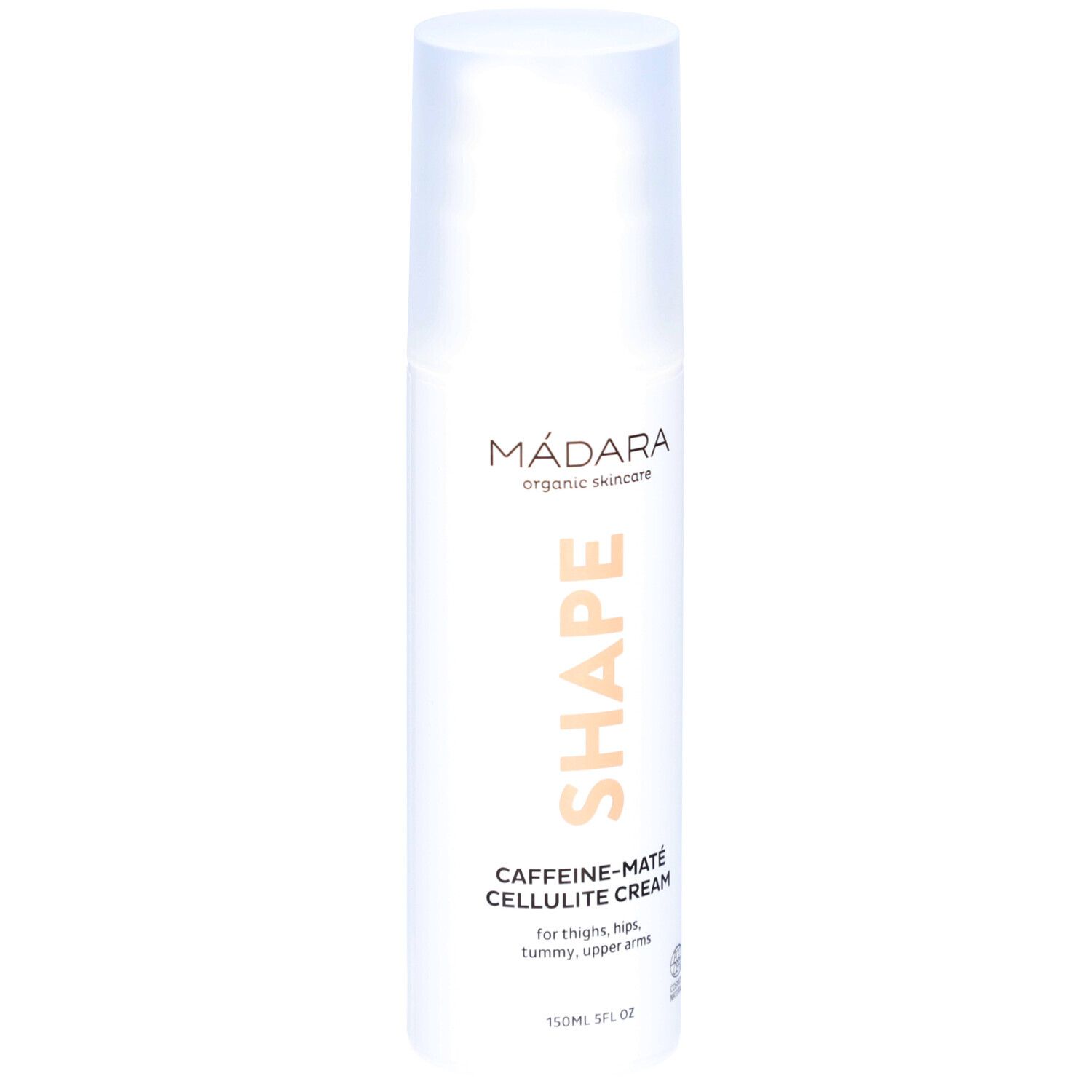 Flacon blanc avec SHAPE, Caffeine-Maté Cellulite Cream. Marque Mádara. 150ml.