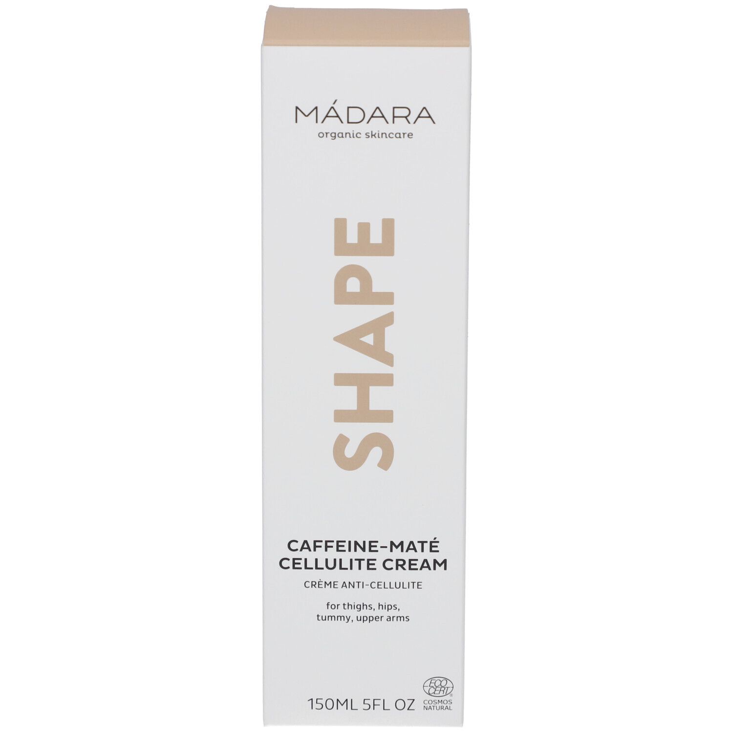 Emballage produit. SHAPE, Caffeine-Maté Cellulite Cream. Marque Mádara. 150ml.