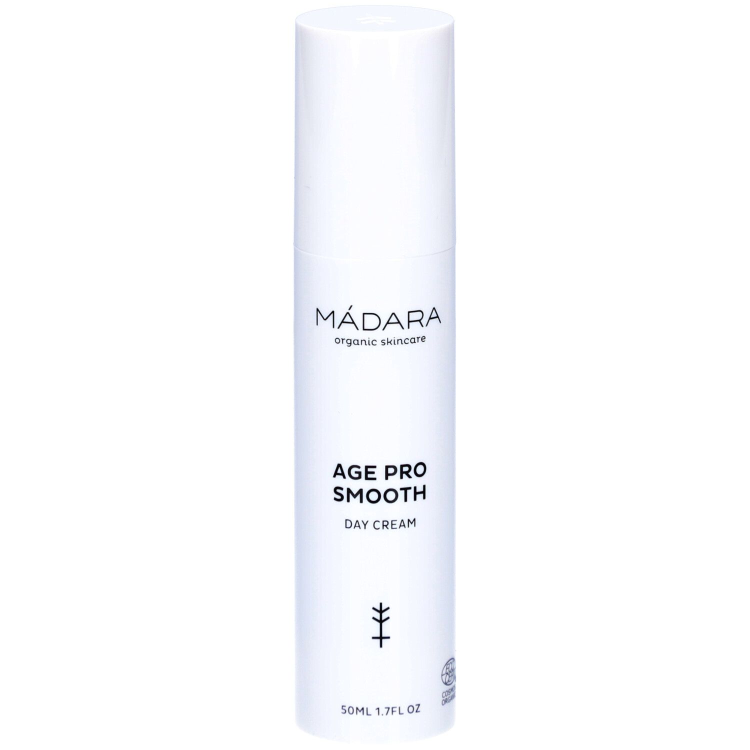 Weiße Flasche mit Madara Age Pro Smooth Tagescreme. Text: Age Pro Smooth Day Cream. Logo und Zertifizierung.