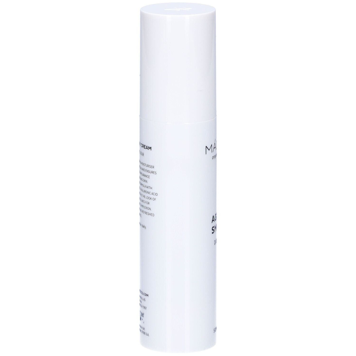 Weiße Flasche Madara Age Pro Smooth Tagescreme. Text auf der Seite. Zertifizierungssymbol.