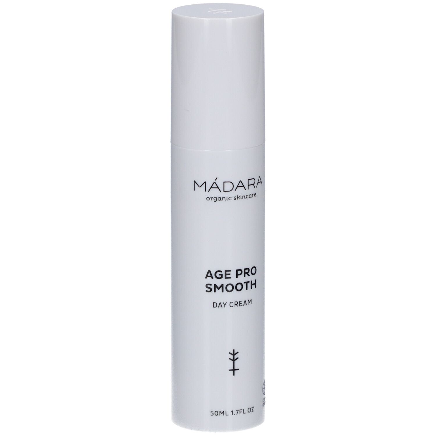 Weiße Flasche Madara Age Pro Smooth Tagescreme. Text: Age Pro Smooth Day Cream. Logo und Zertifizierung.